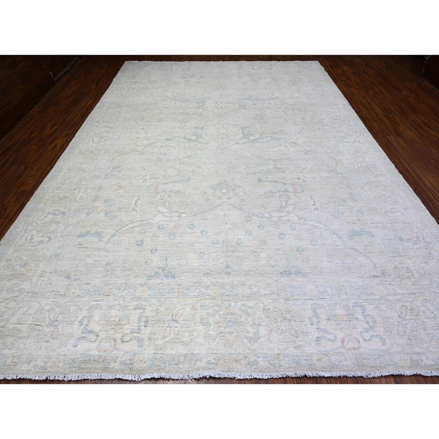 9'9"X13'8" Gray White Wash Peshawar Hand Knotted Natural Wool Rug