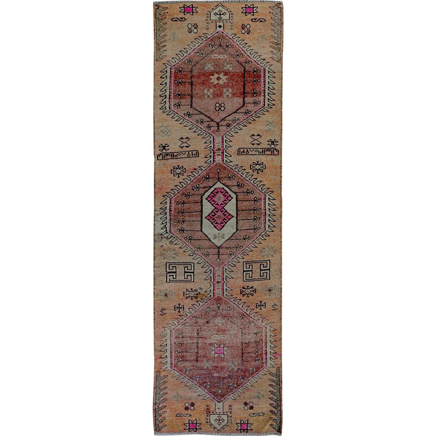 3'X10'5" Peach Vintage Zoroastrian Village Hand Knotted Wool Runner Rug
