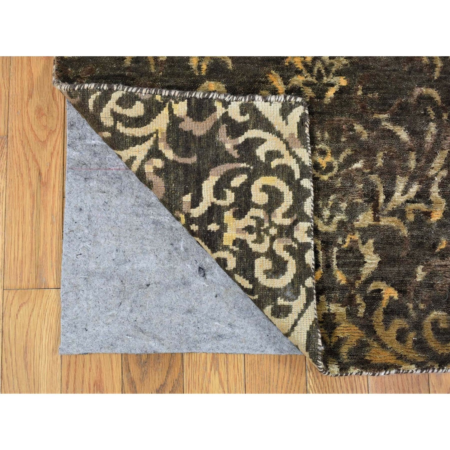 4'8"X18'2" Brown Modern Damask Hand Knotted Wool And Silk Wide Runner Rug