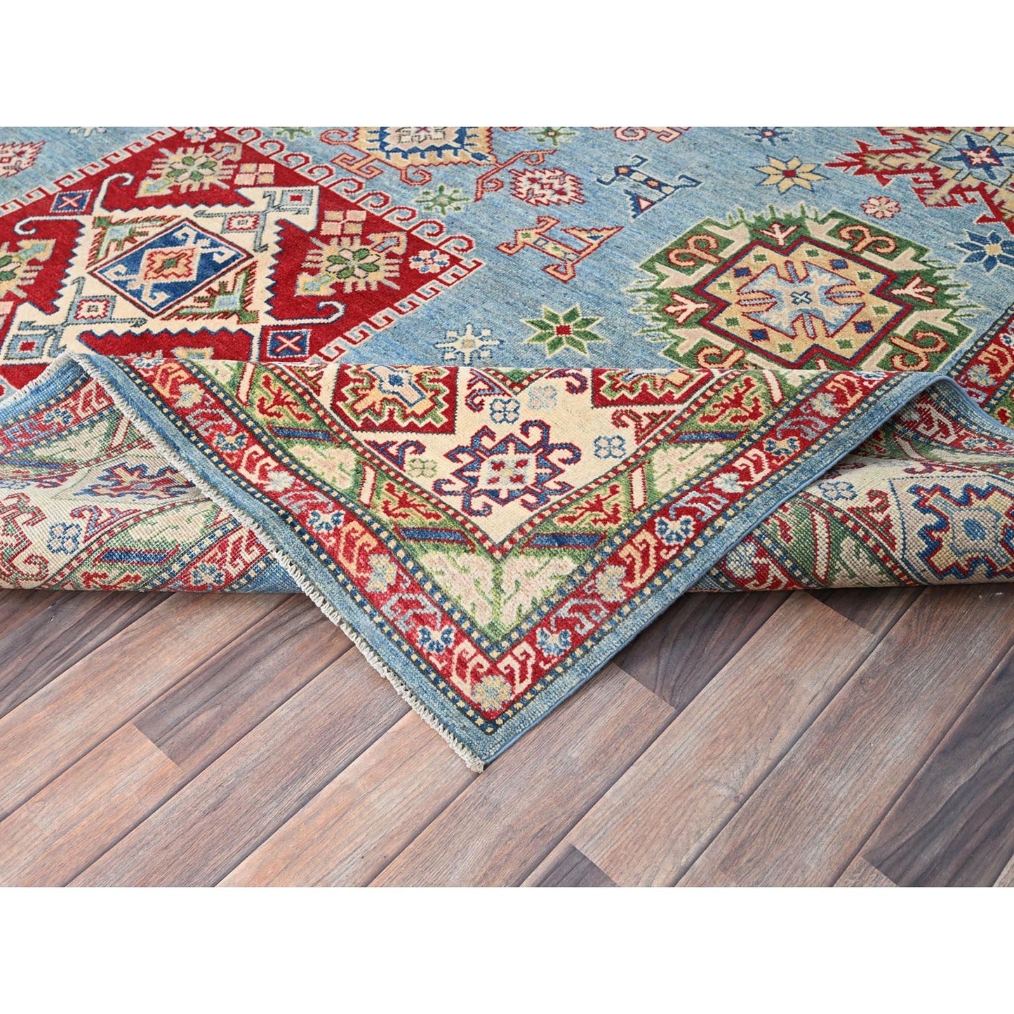 9'X11'9" Blue Hand Knotted Kazak Tribal Pattern Pure Wool Oriental Rug