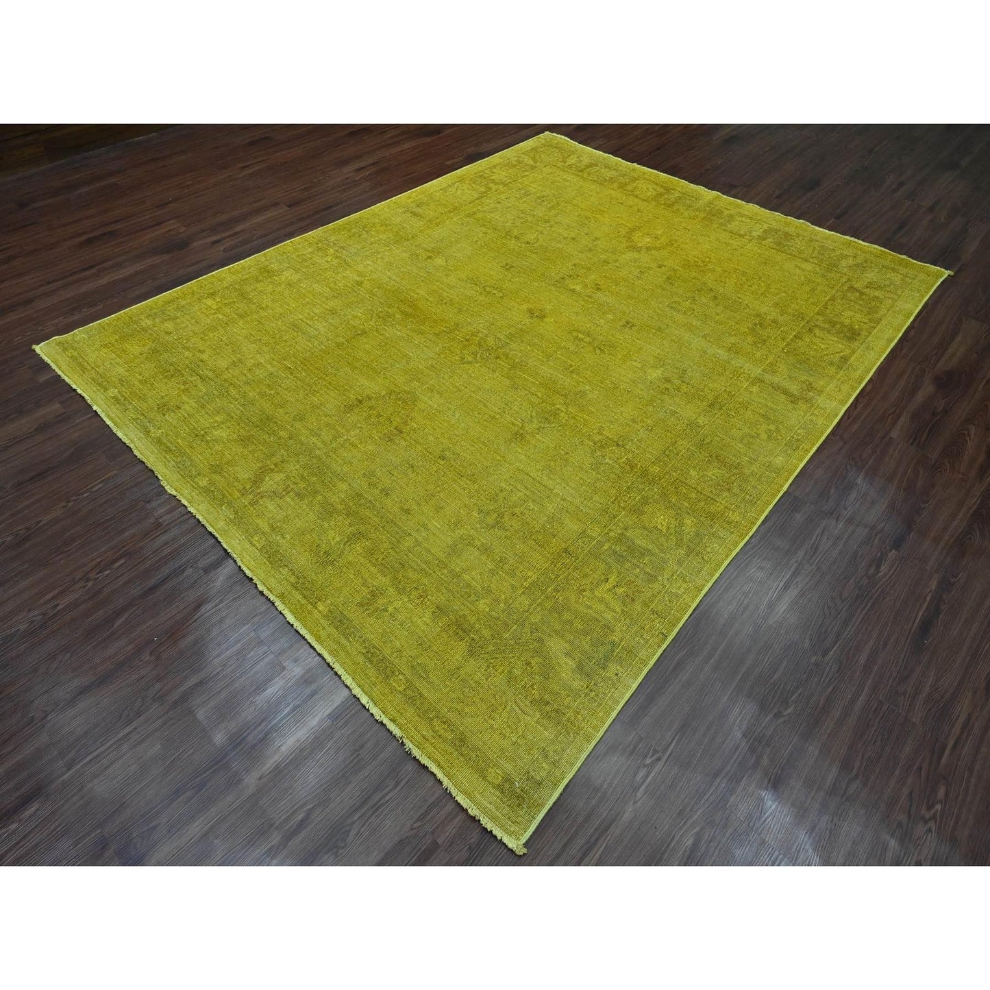 7'7"X9'7" Yellow Overdyed Zero Pile Tribal Design Hand Knotted Wool Rug