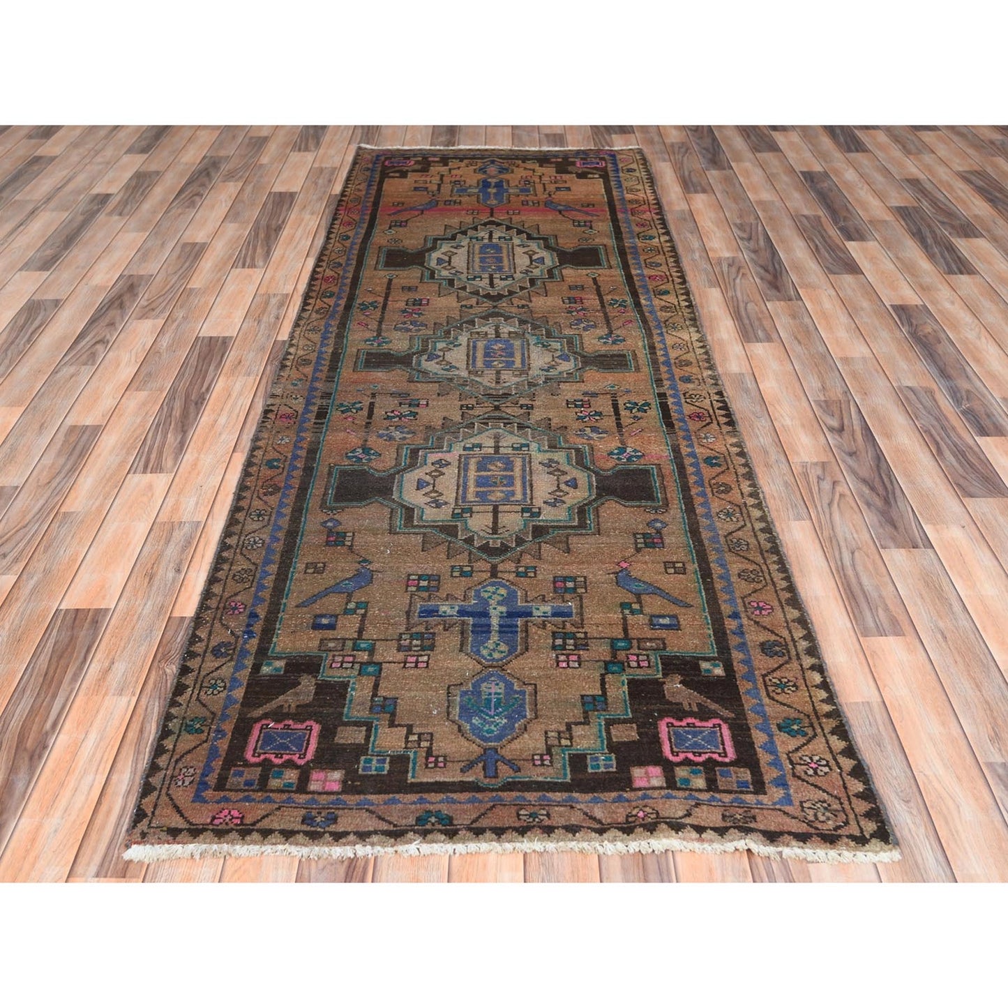 3'4"X9'3" Brown Hand Knotted Vintage Farsian Worn Wool Wide Runner Rug