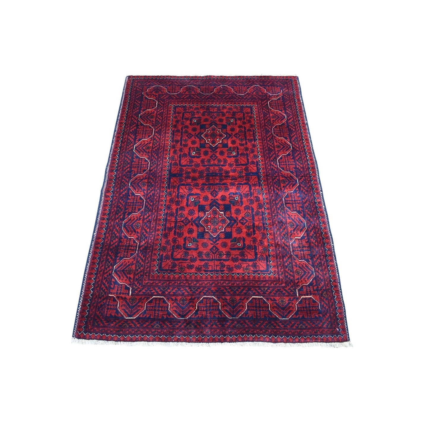 3'3"X4'8" Geometric Design Afghan Khamyab Wool Hand Knotted Oriental Rug