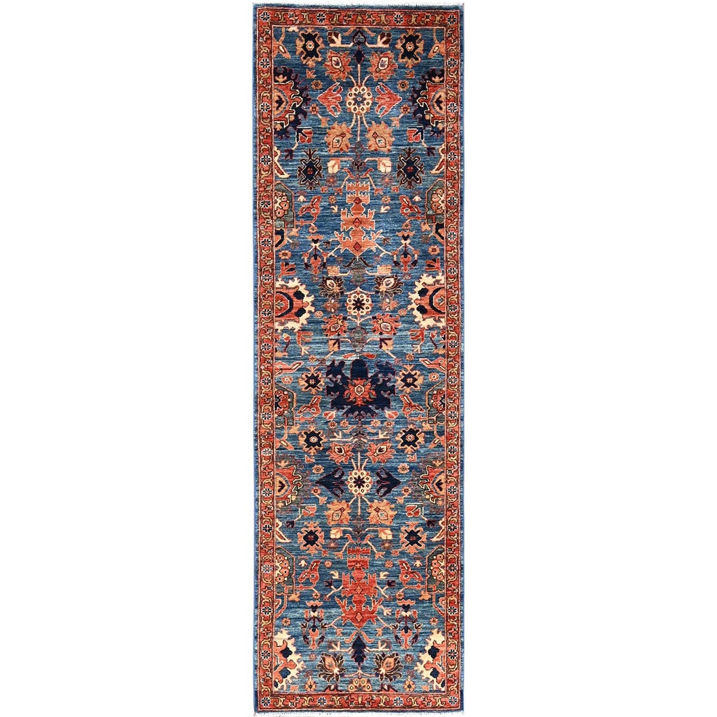 2'10"X9'7" Blue Heris All Over Design Soft Wool Hand Knotted Runner Rug