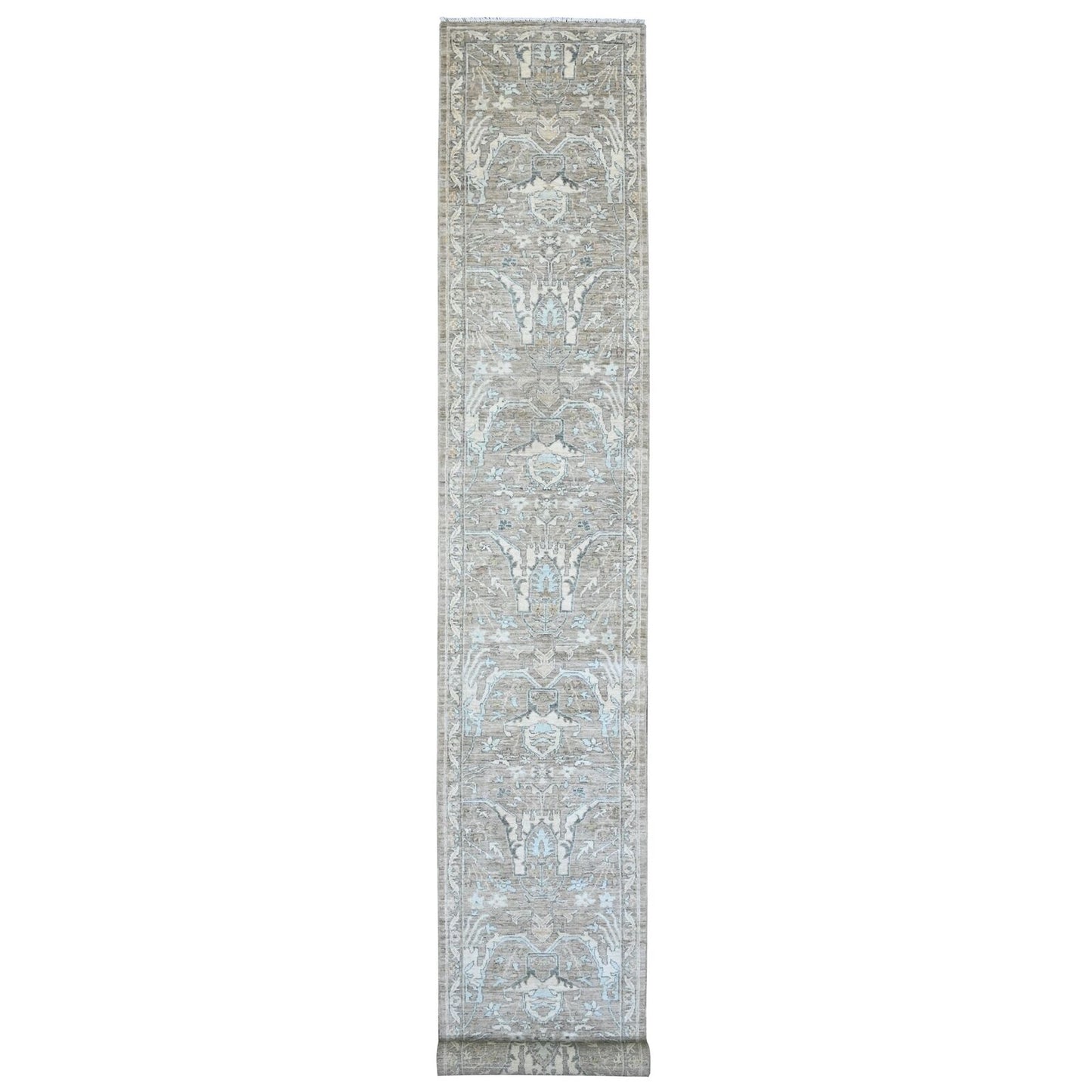 2'8"X19'4" Brown Washed Peshawar Leaf Design Hand Knotted Wool Runner Rug