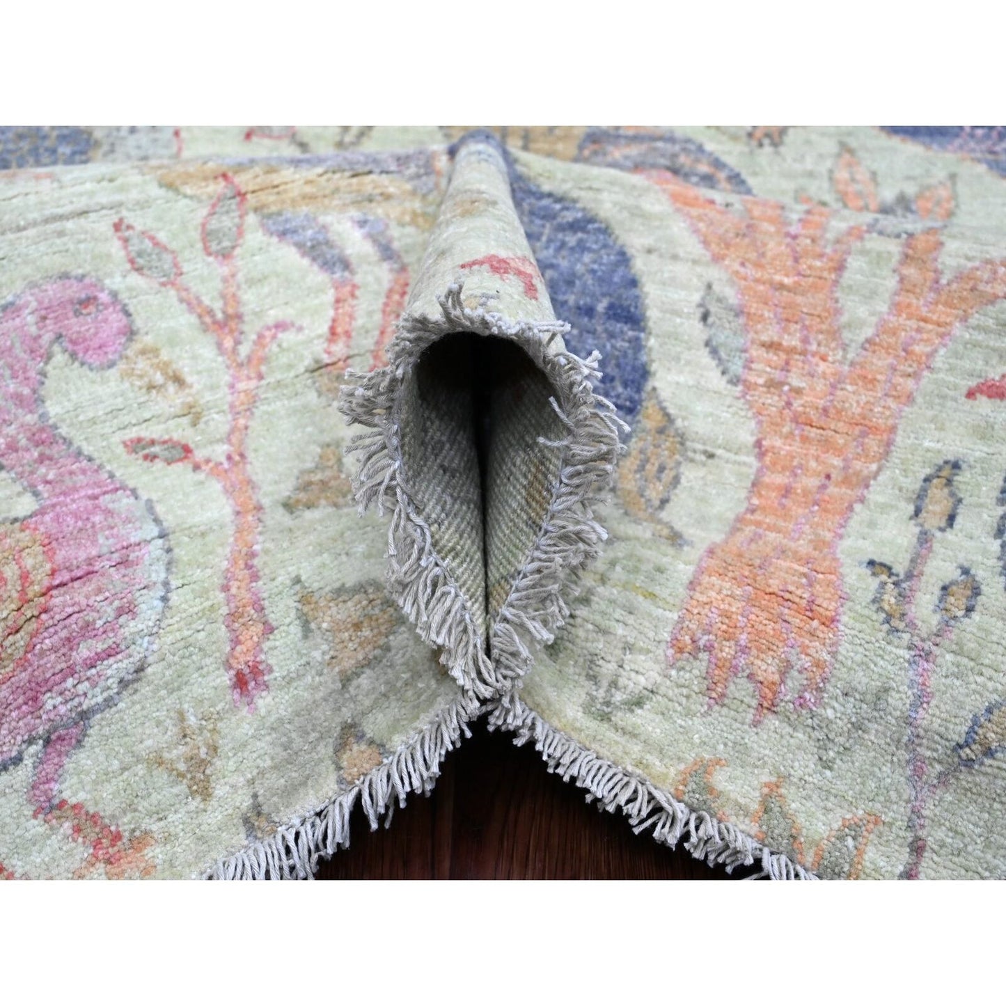 8'X8' Swamp Green Hand Knotted Peshawar Birds Design Soft Wool Square Rug