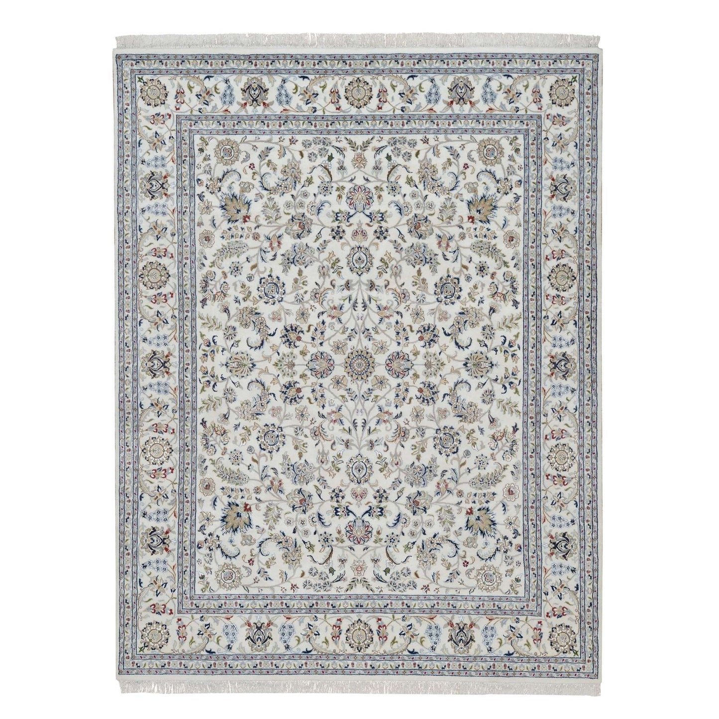 7'10"X10'3" Ivory Nain With Flower Pattern Wool And Silk Hand Knotted Rug