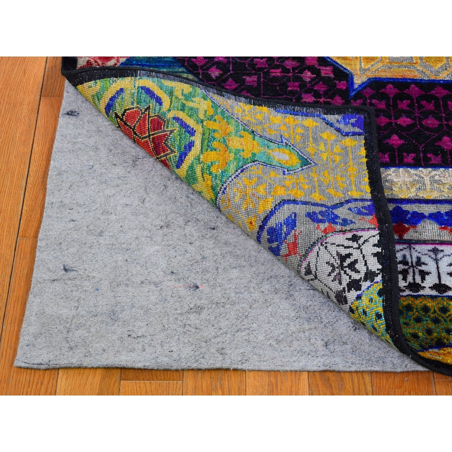 4'1"X12'3" Sari Silk With Textured Wool Mamluk Design Handmade Runner Rug