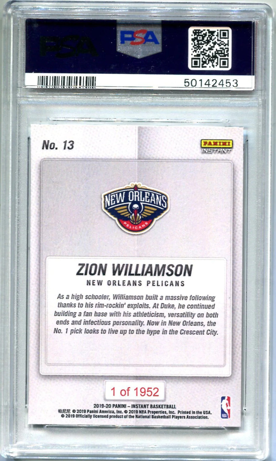 Zion Williamson 2019 Panini Instant #13 (Psa Gem Mt 10)