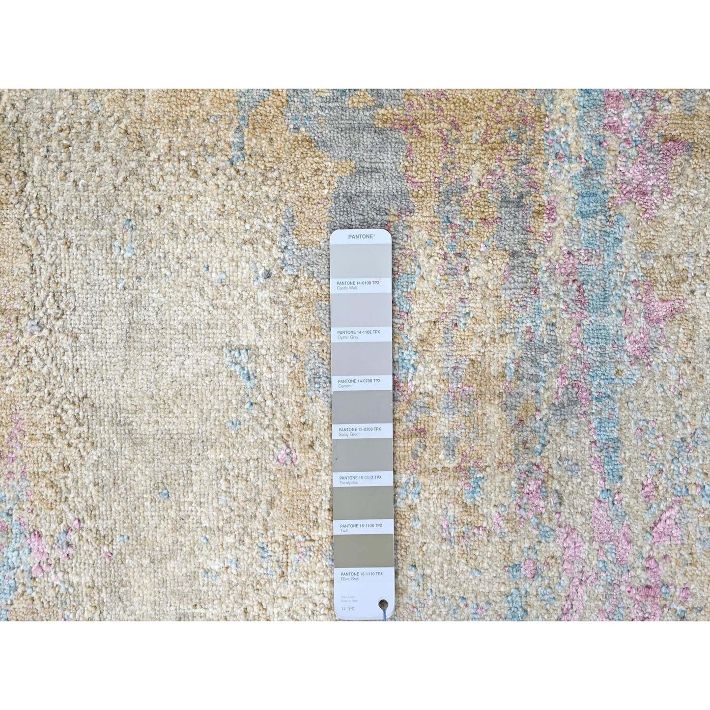 9'X12' Pastel Yellow Abstract Design Wool And Silk Shiny Hand Knotted Rug