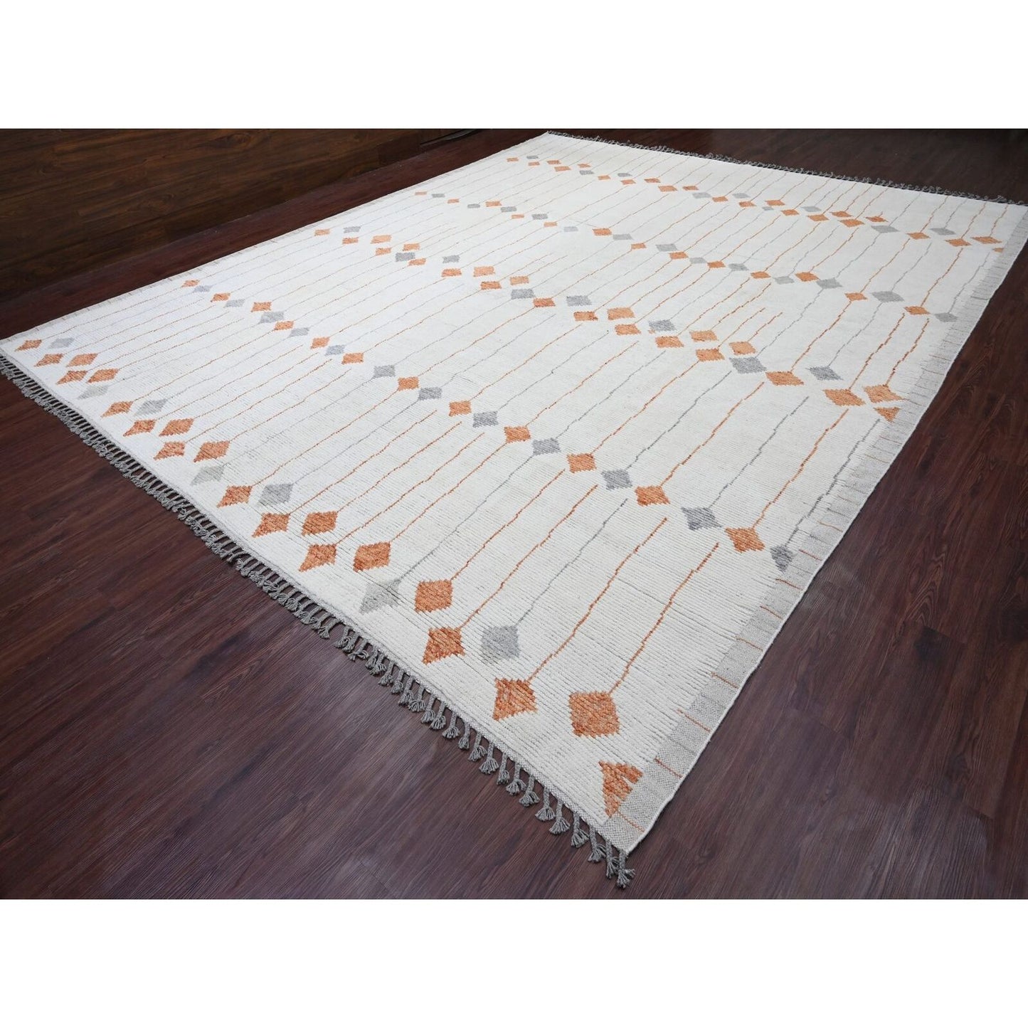 12'5"X15'2" White Moroccan Weave Kite Design Soft Wool Hand Knotted Rug