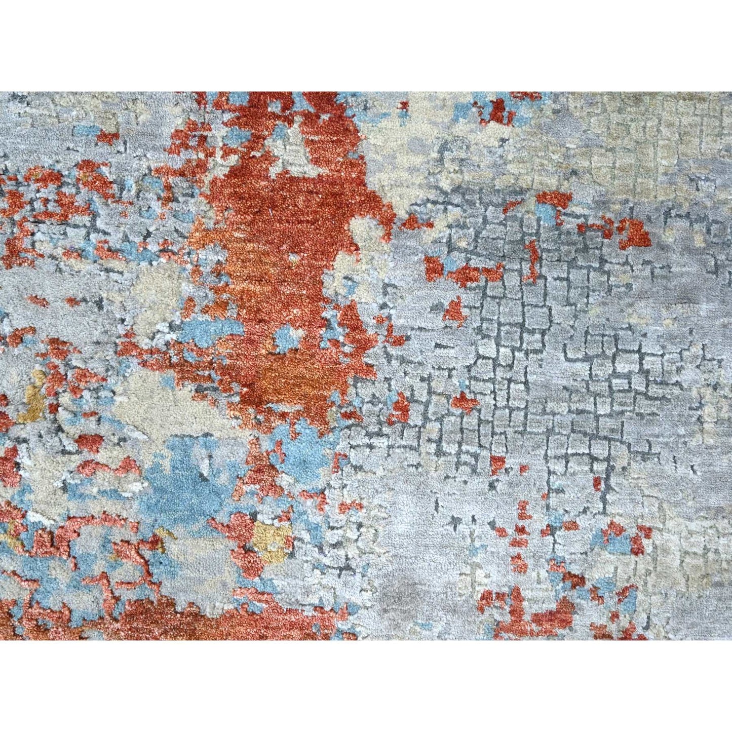 8'X8' Orange Abstract Mosaic Design Wool And Silk Hand Knotted Round Rug