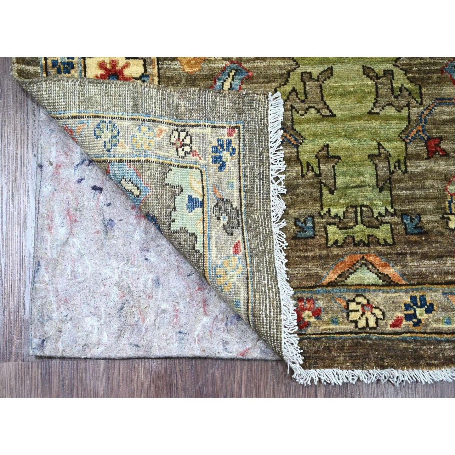 3'2"X11'8" Brown Peshawar Heris Design Pure Wool Hand Knotted Runner Rug