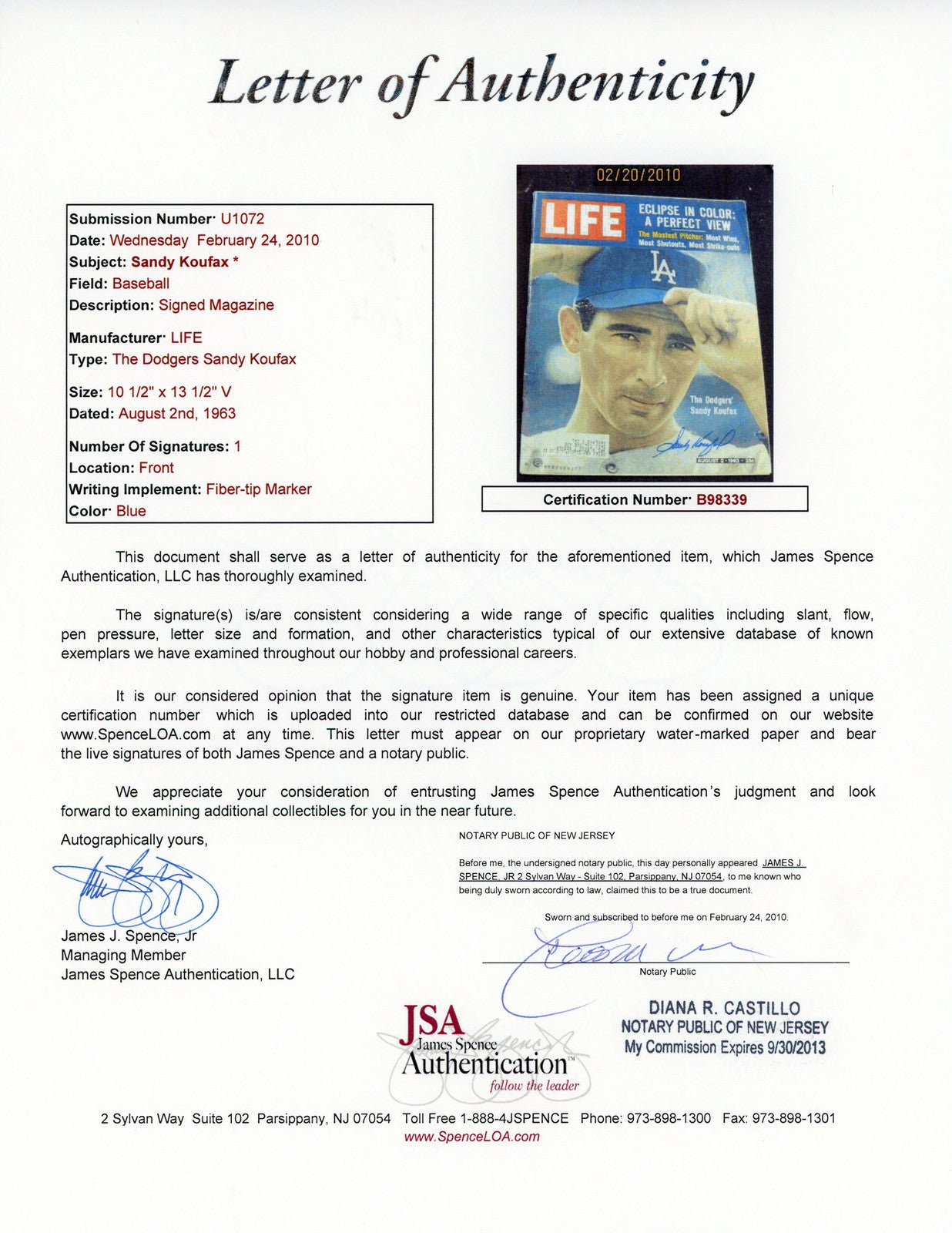 Sandy Koufax Autographed Life Magazine (Jsa)