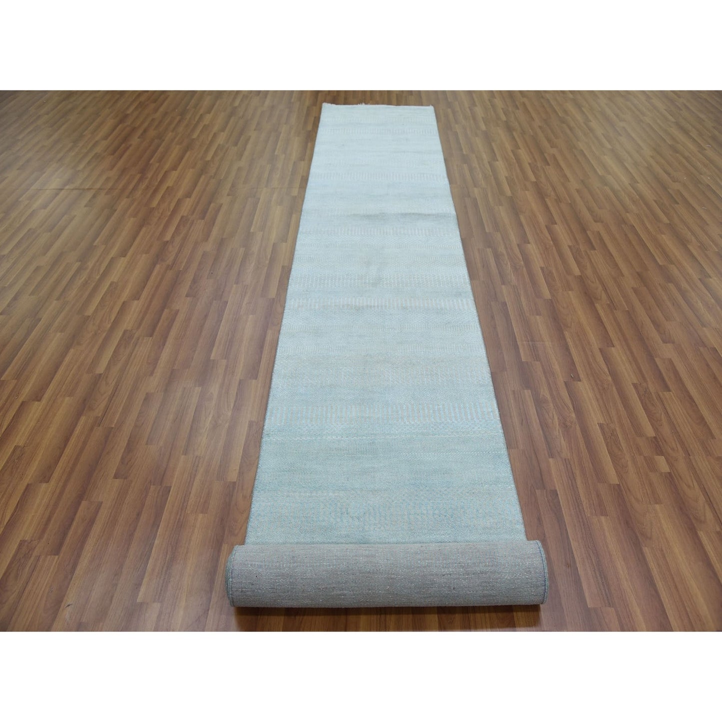 2'8"X15' Blue Hand Knotted Modern Grass Design Wool/Silk Xl Runner Rug