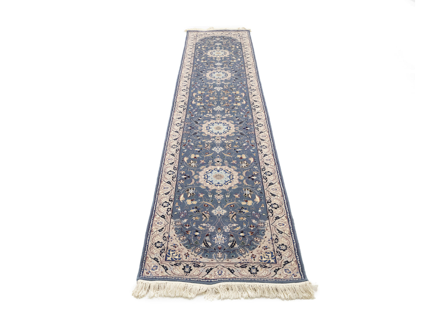Blue-Gray Indo-Nain Wool Runner Rug Floral