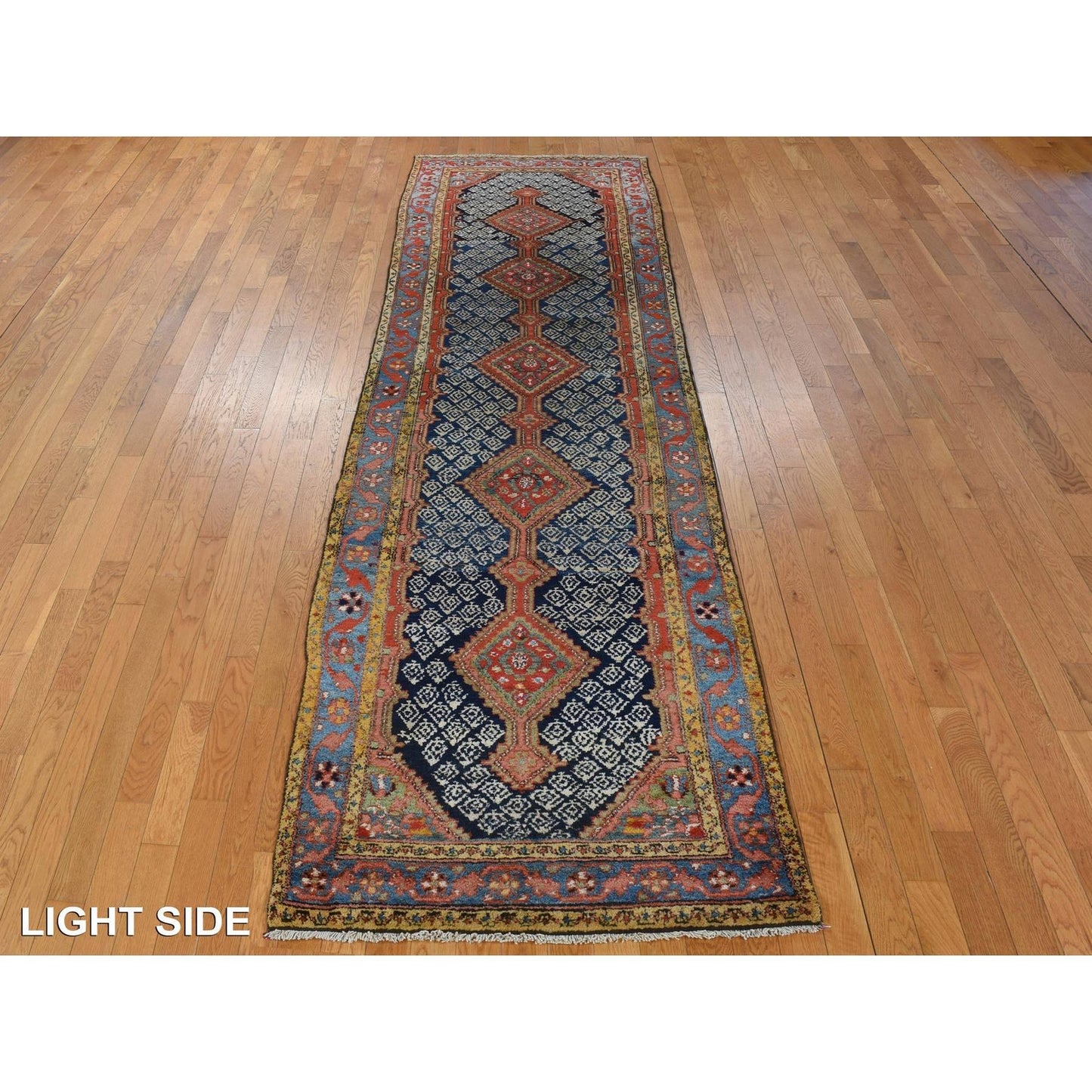 3'5"X12'6" Blue Antique Zoroastrian Malayer Wool Hand Knotted Runner Rug