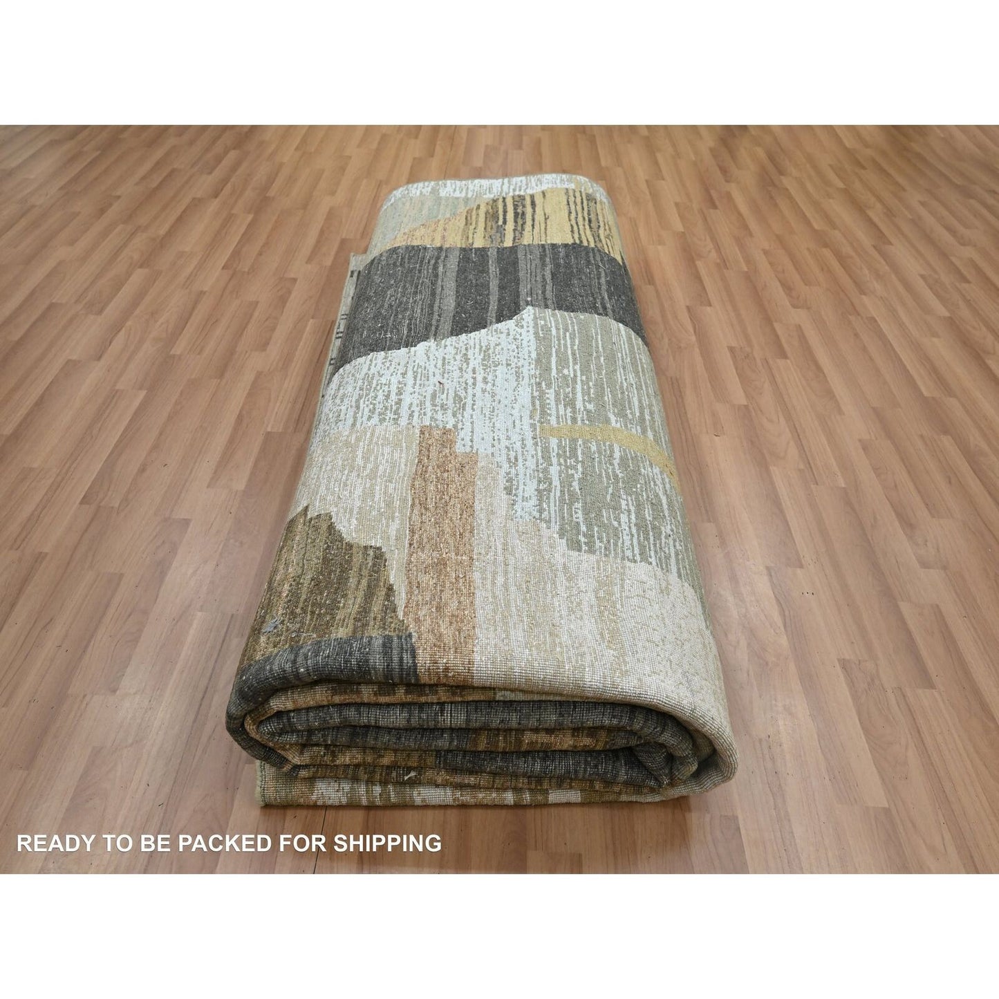 10'X14' Gray With Brown Hand Knotted Abstract Geometric Pattern Wool Rug