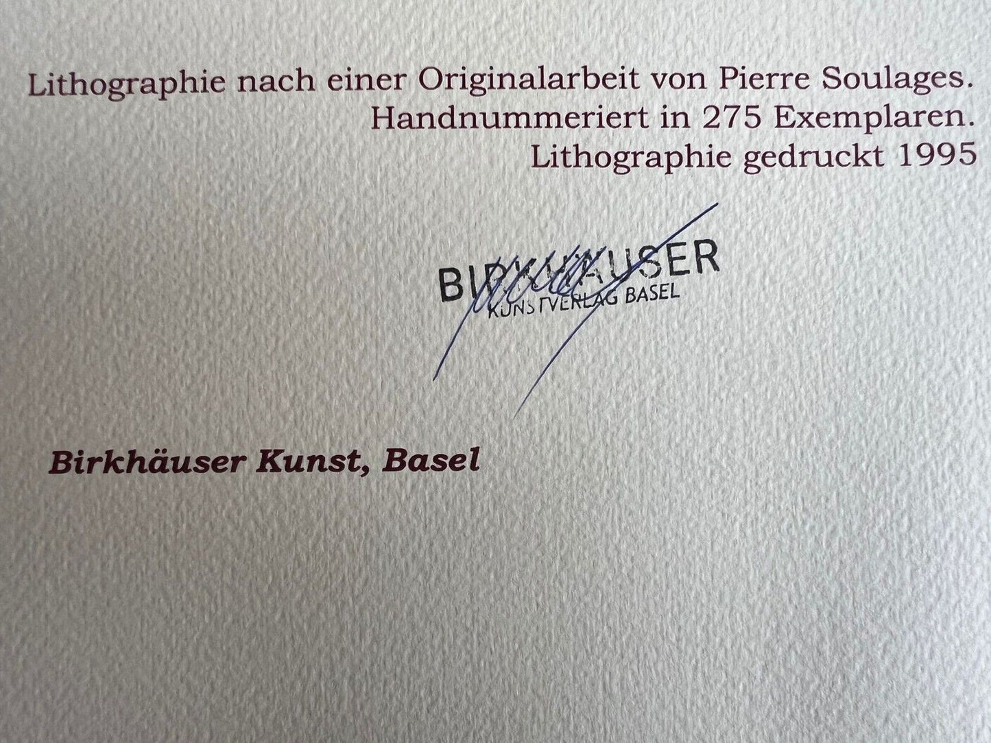 Pierre Soulages Coa Signed Op And Numbered In Pencil Limited 1995