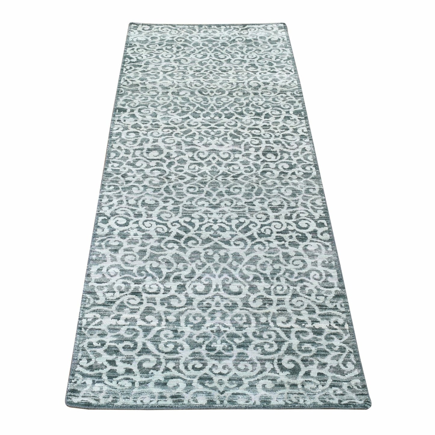 2'9"X8' Green Modern Hand Knotted Wool And Silk Runner Oriental Rug