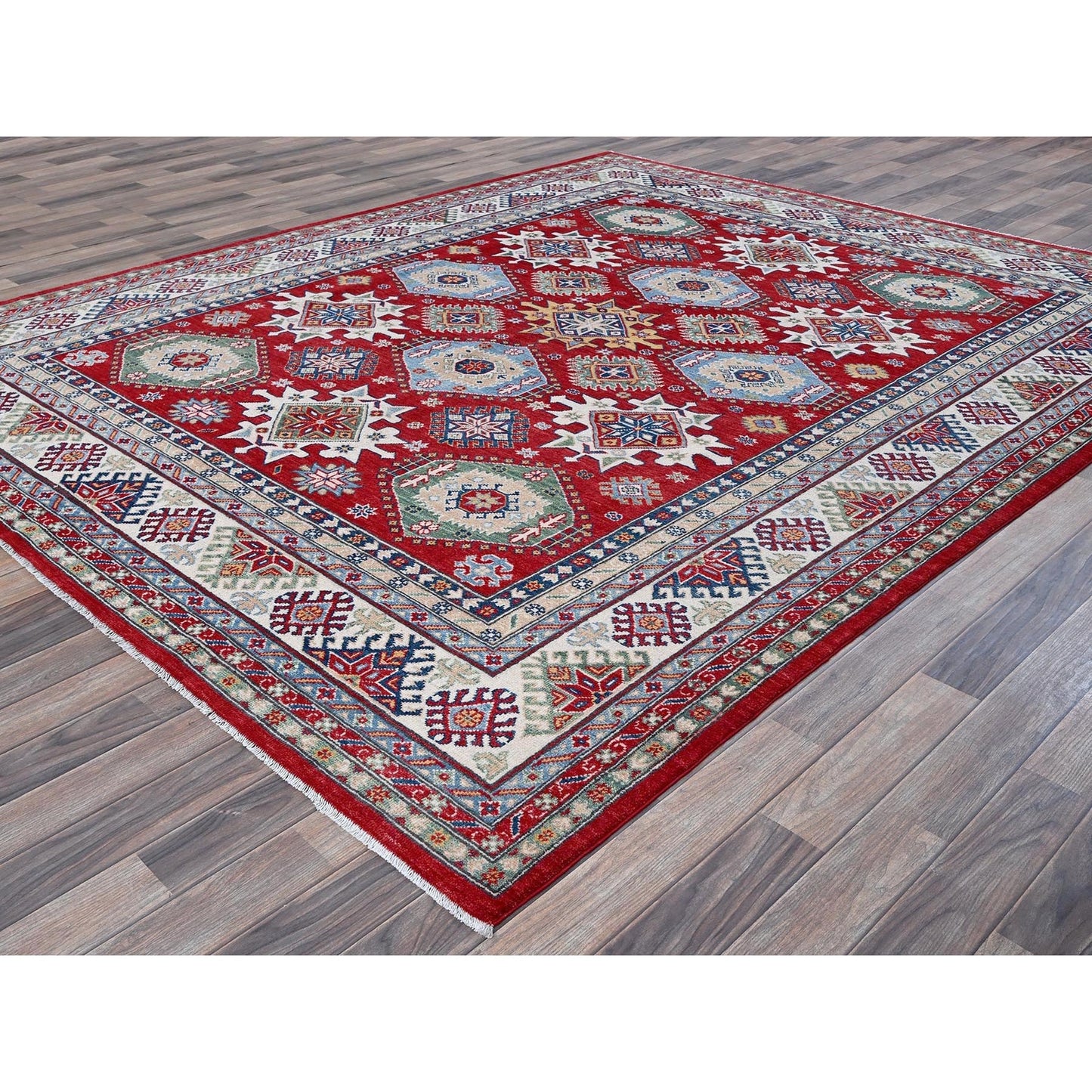 8'2"X9'8" Red Kazak With Geometric Medallions Design Wool Hand Knotted Rug
