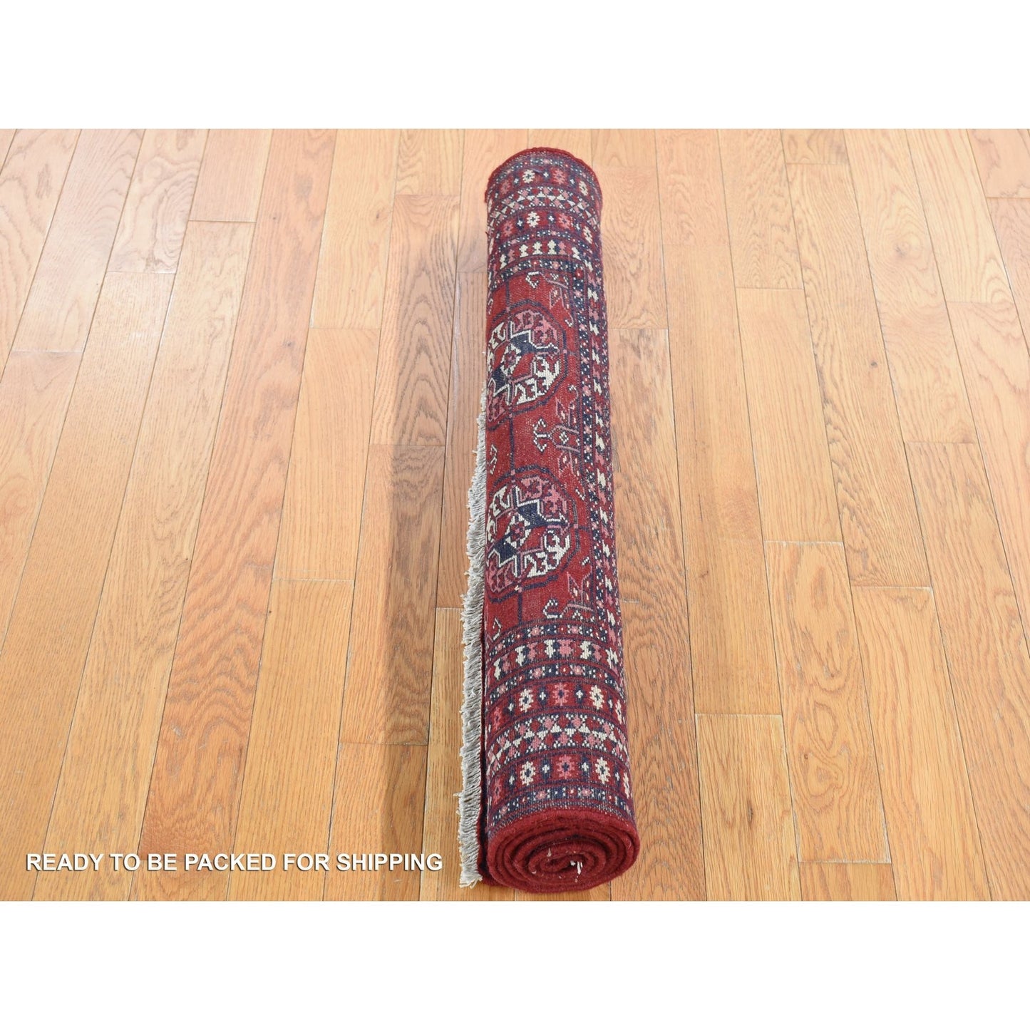 3'1"X5'4" Crimson Red Old Turkeman Bokara Hand Knotted Clean Wool Rug