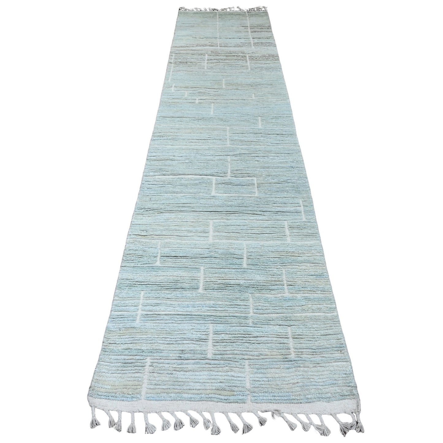 3'X13'2" Blue Geometric Moroccan Weave Soft Wool Hand Knotted Runner Rug