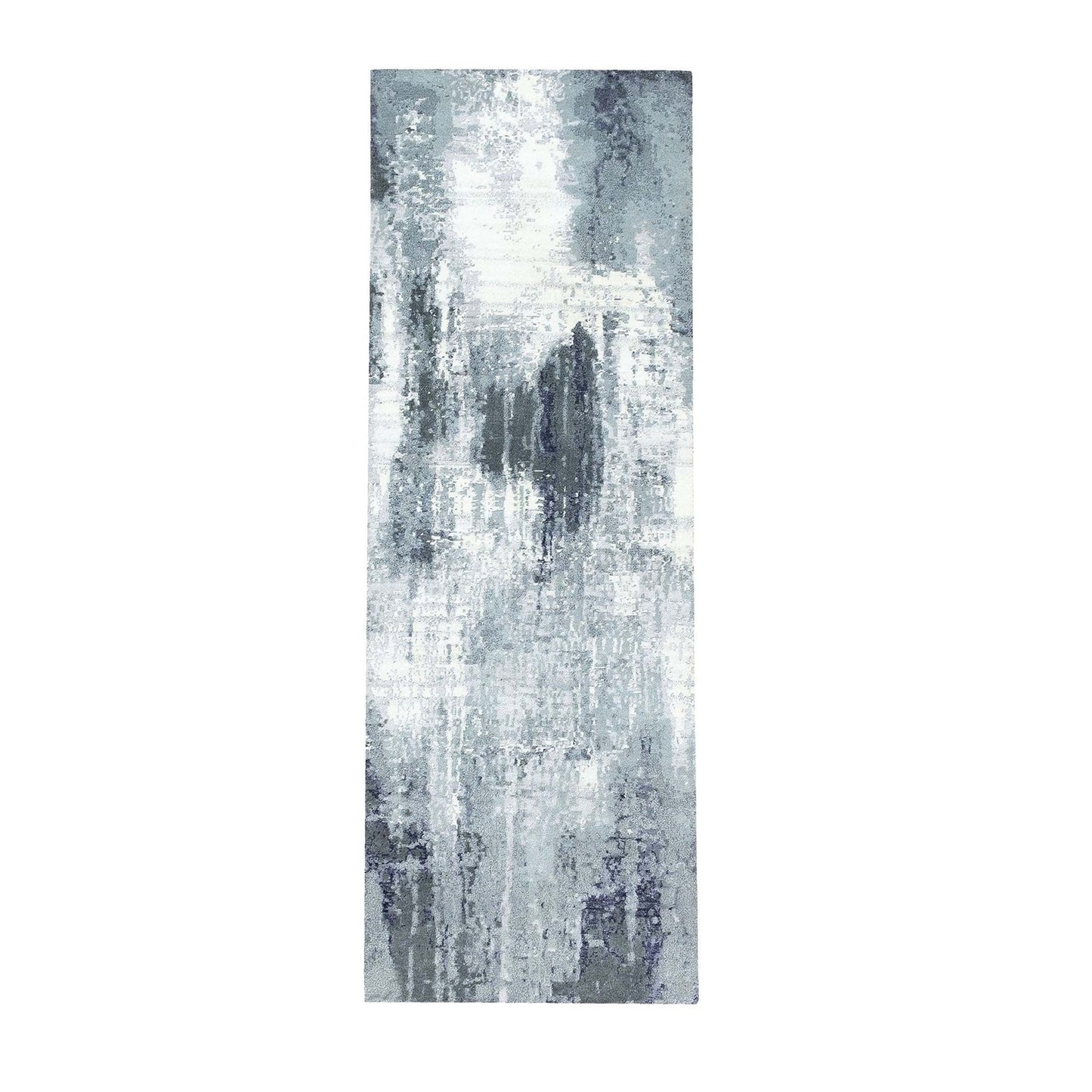 2'5"X8' Charcoal Black Abstract Design Wool-Silk Hand Knotted Runner Rug