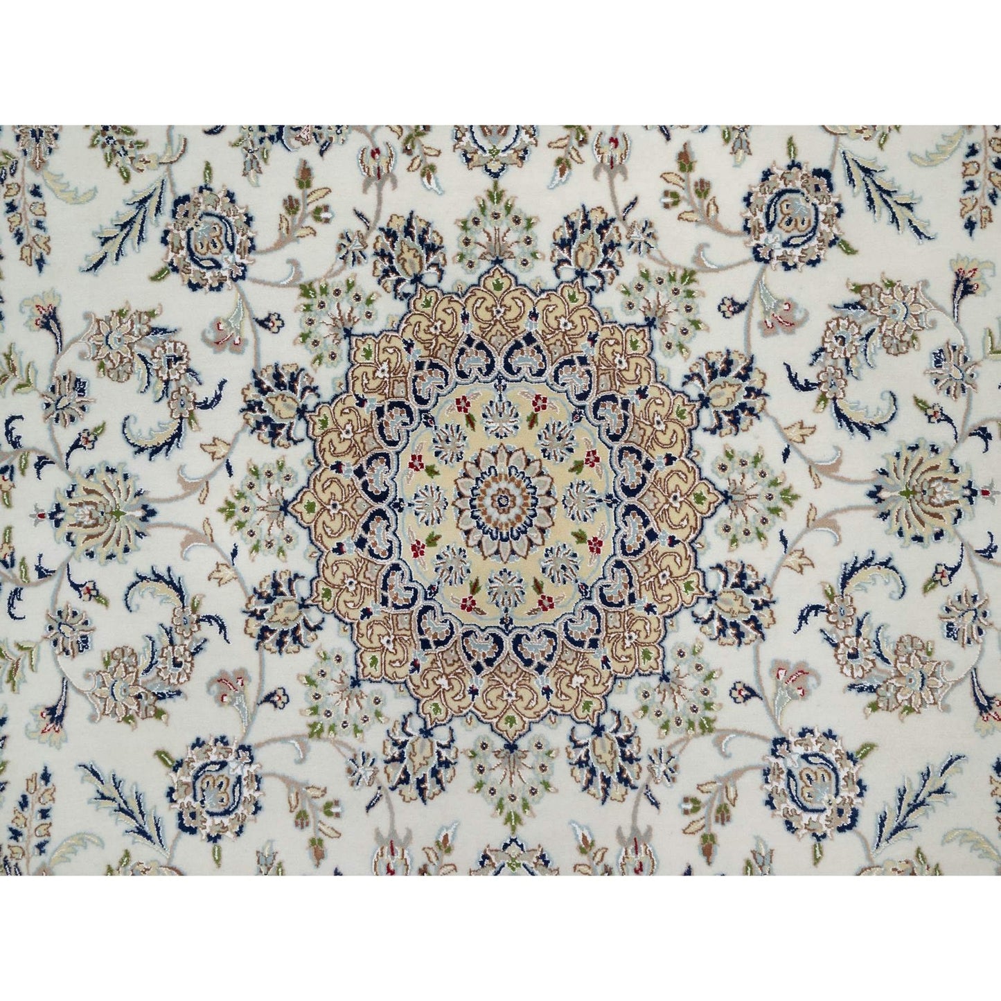 7'8"X10'2" Daisy White Nain Floral Design Hand Knotted Wool And Silk Rug