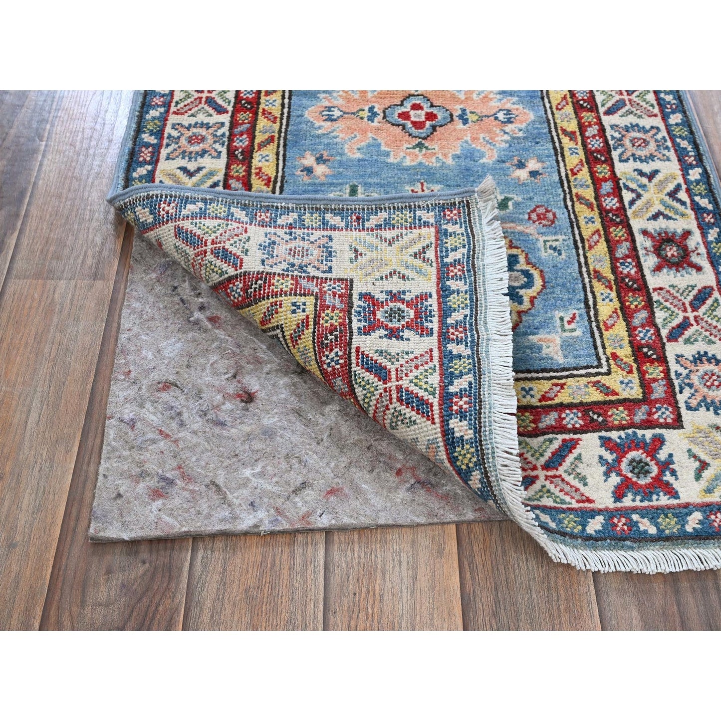 2'X6'6" Blue Kazak With Tribal Design Soft Wool Hand Knotted Runner Rug