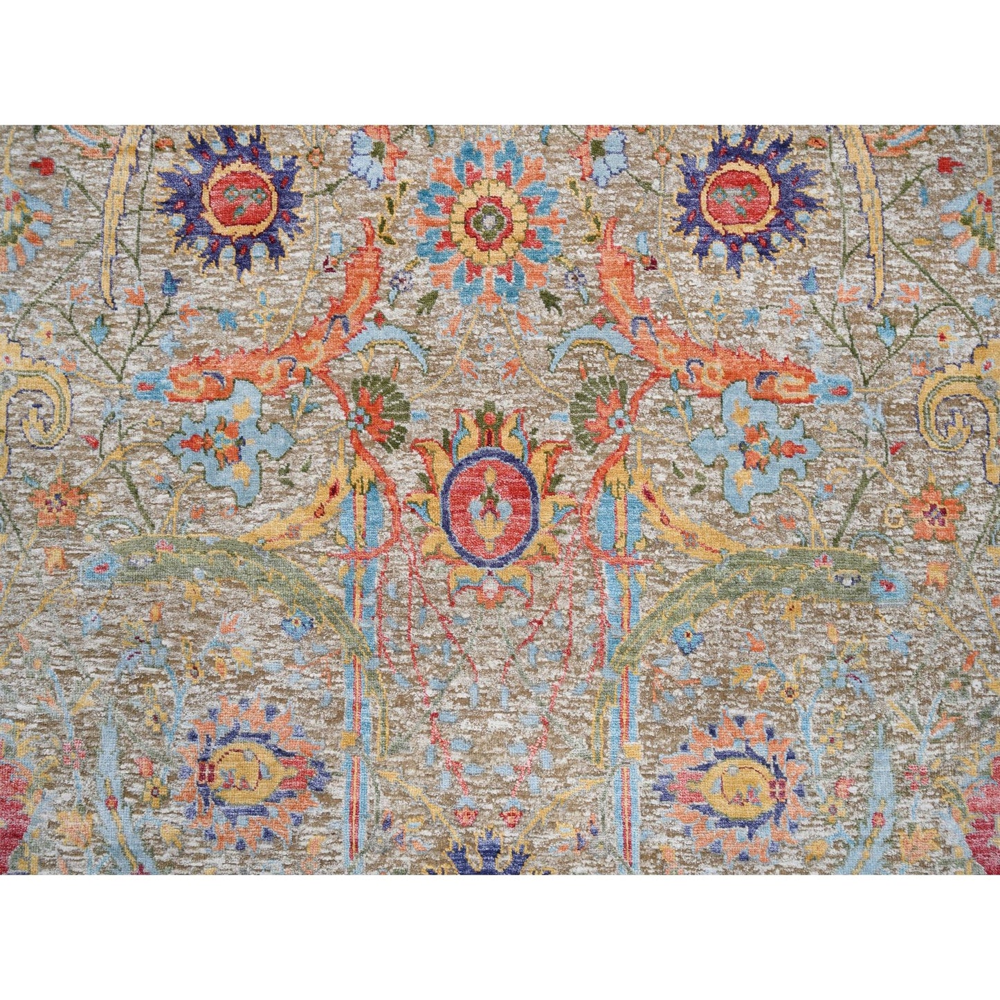 4'1"X12'2" Tan Sickle Design Silk And Wool Hand Knotted Wide Runner Rug