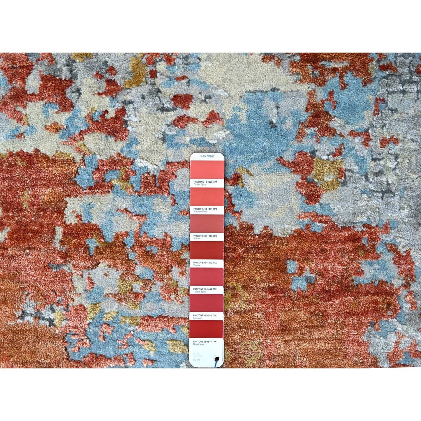 8'X8' Orange Abstract Mosaic Design Wool And Silk Hand Knotted Round Rug