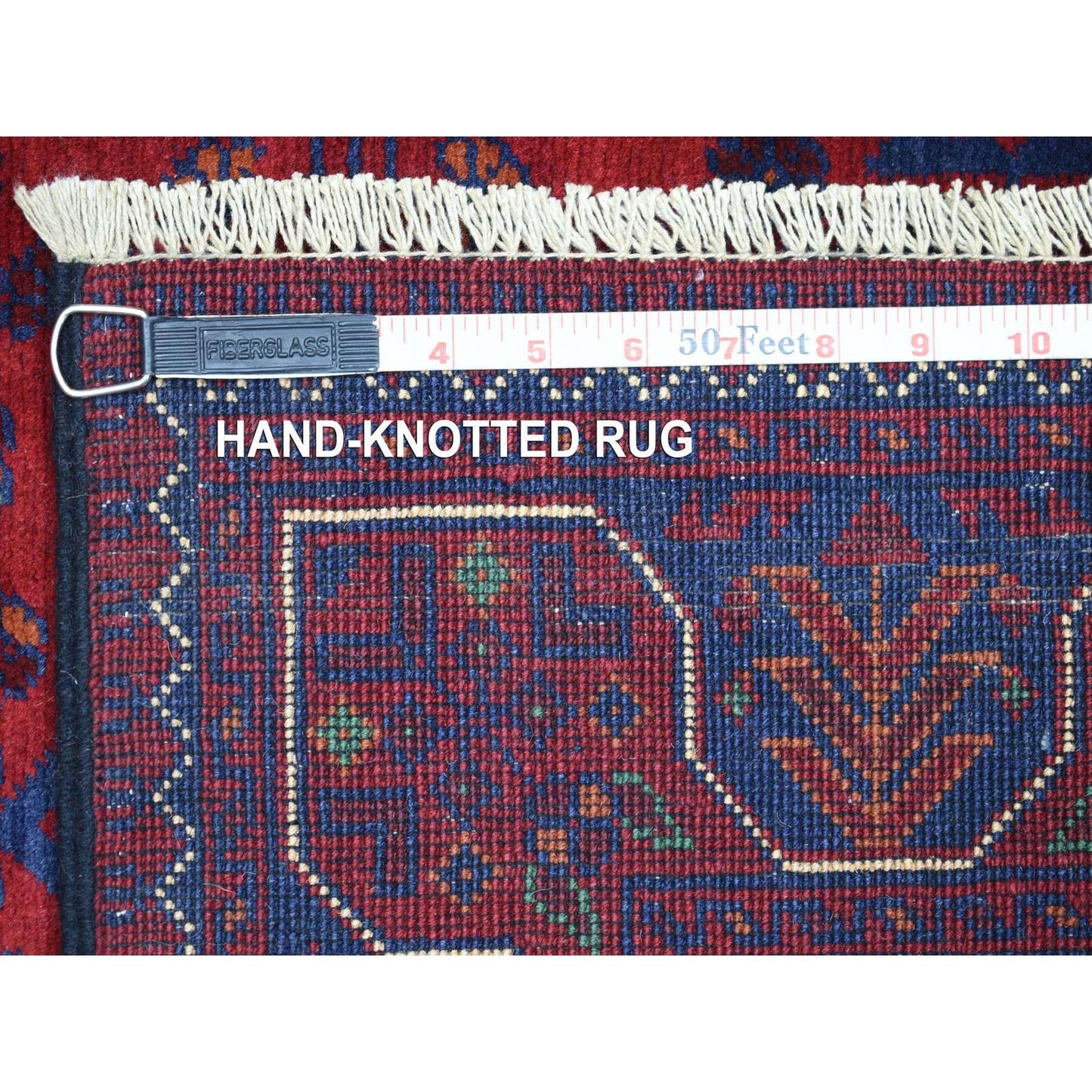 2'8"X12'9" Deep Red Afghan Khamyab Soft Wool Hand Knotted Runner Rug