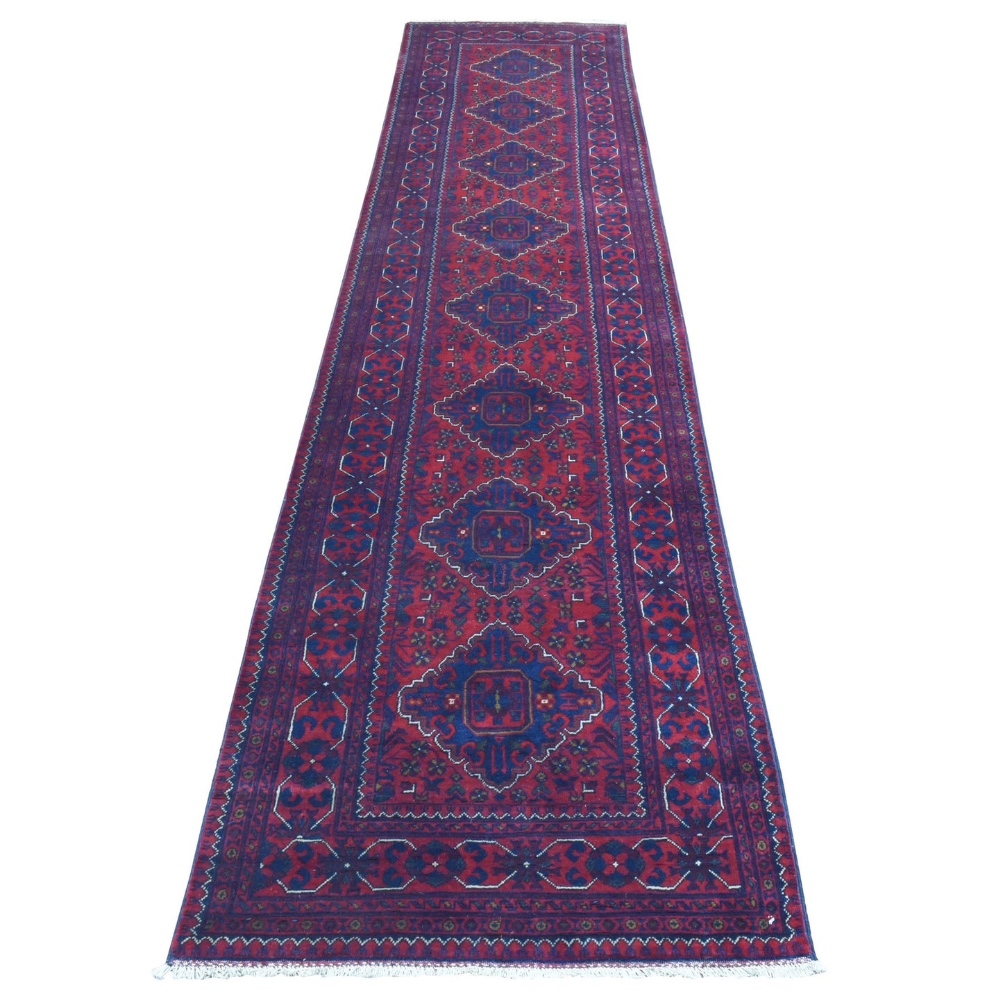 2'8"X12'10" Red Afghan Khamyab Soft Wool Hand Knotted Runner Rug
