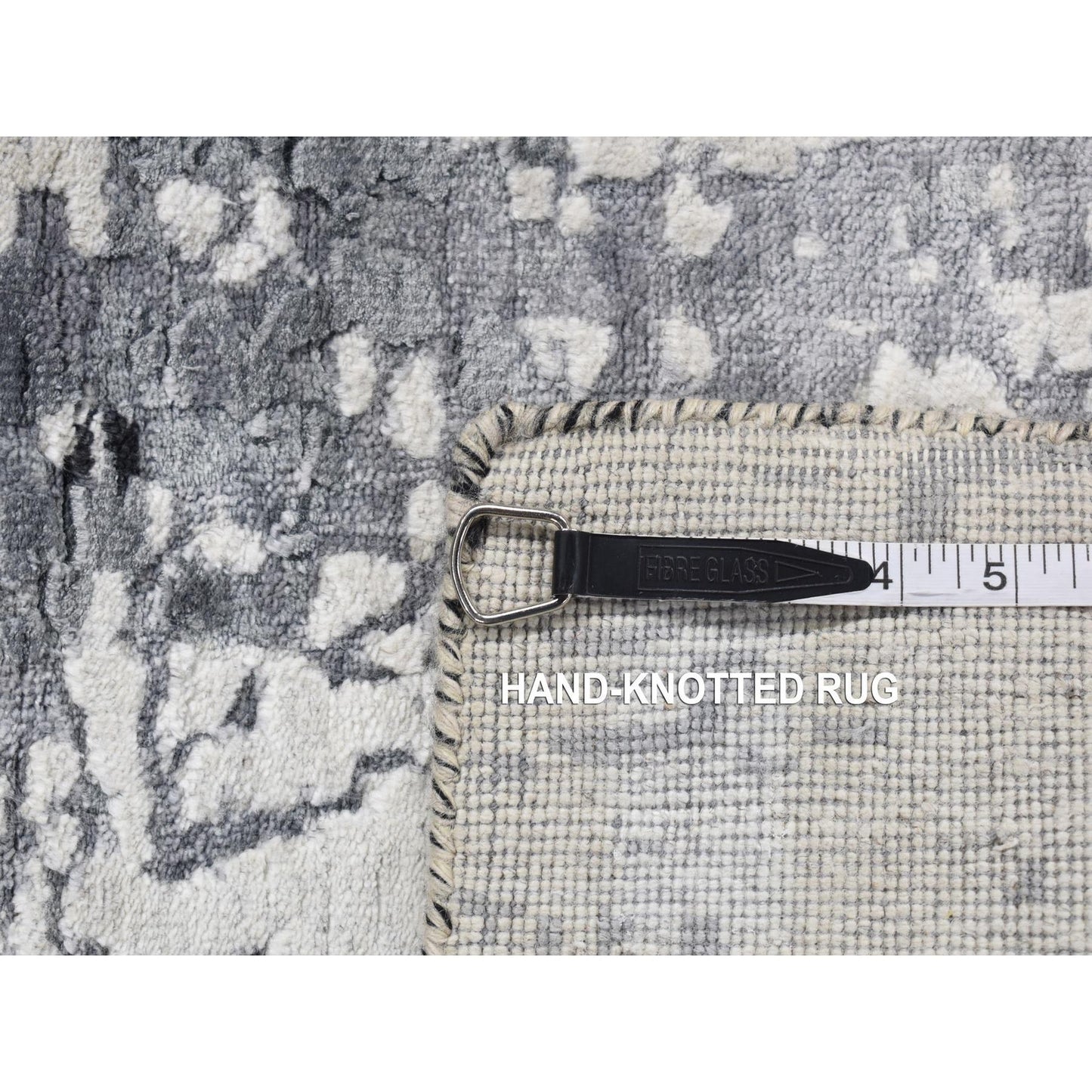 4'2"X13'1" Gray Abstract Design Wool & Silk Hand Knotted Wide Runner Rug