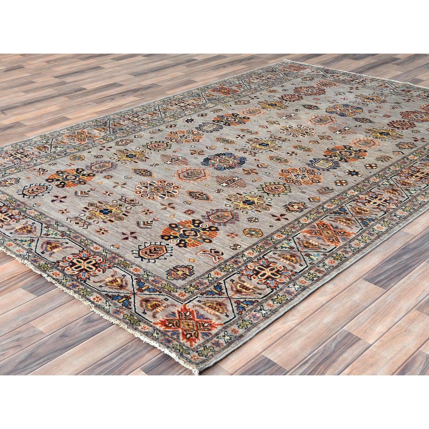 6'1"X9'1" Light Gray Hand Knotted Afghan Super Kazak Organic Wool Rug