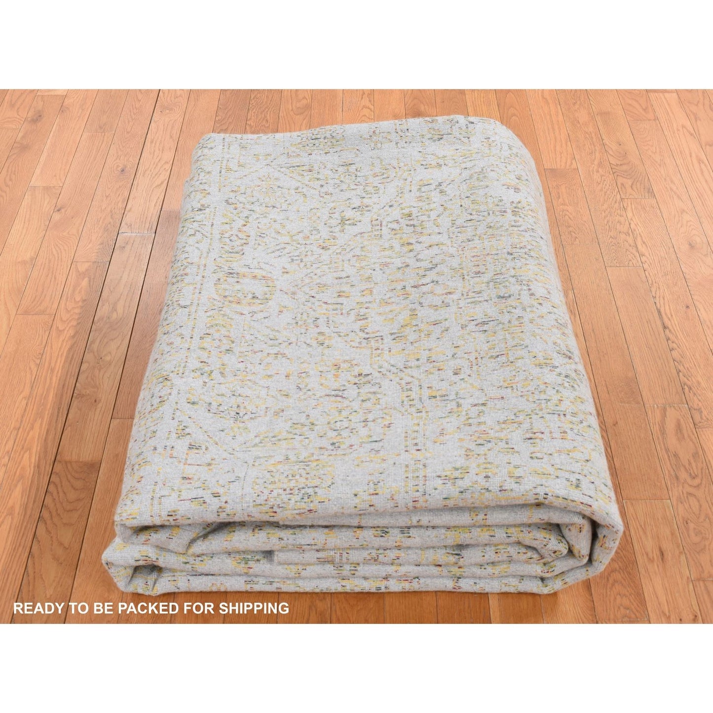 9'10"X14' Silk Gray Broken Mamluk Design Hand Loomed Wool And Silk Rug