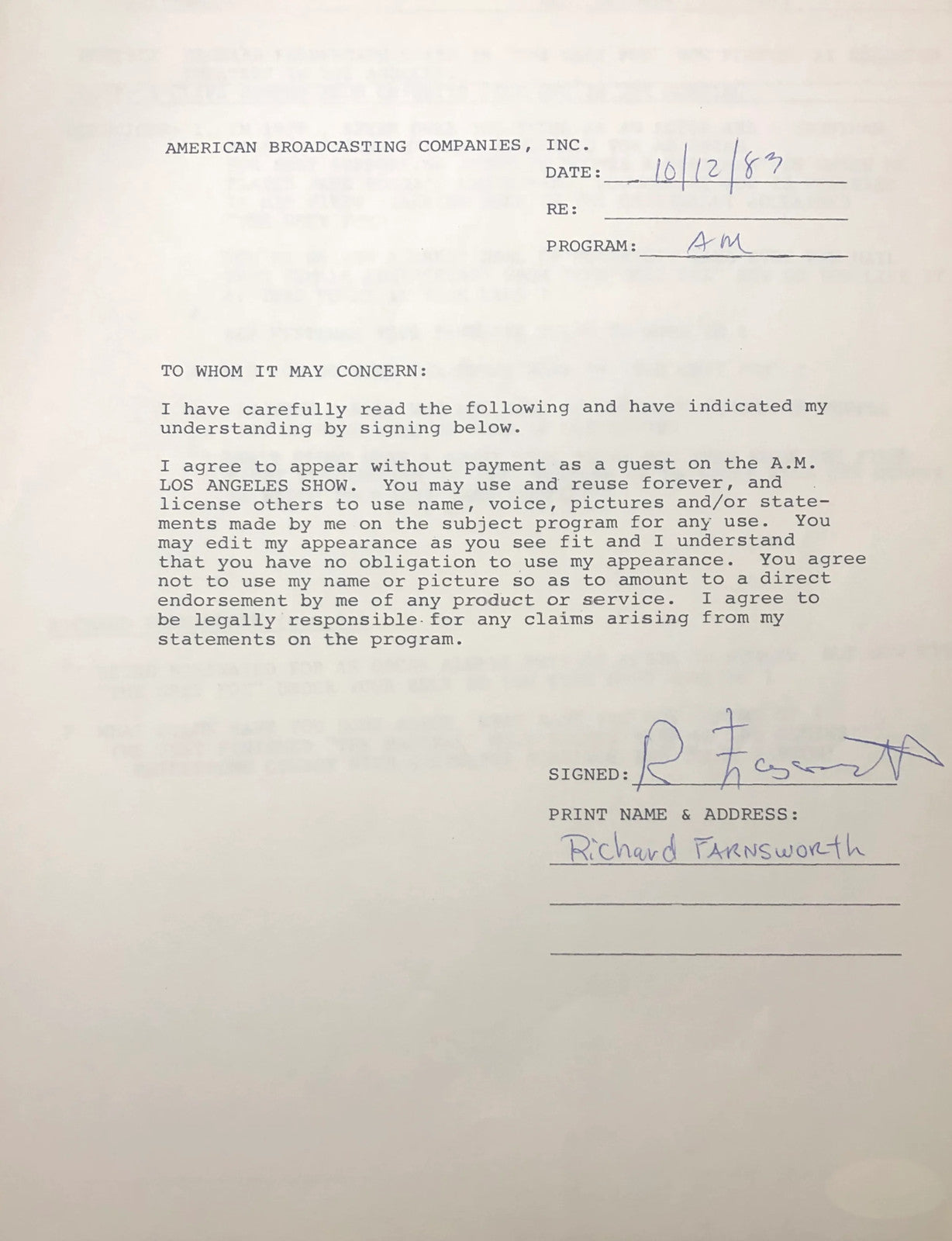 Richard Farnsworth Autographed Contract (Jsa)
