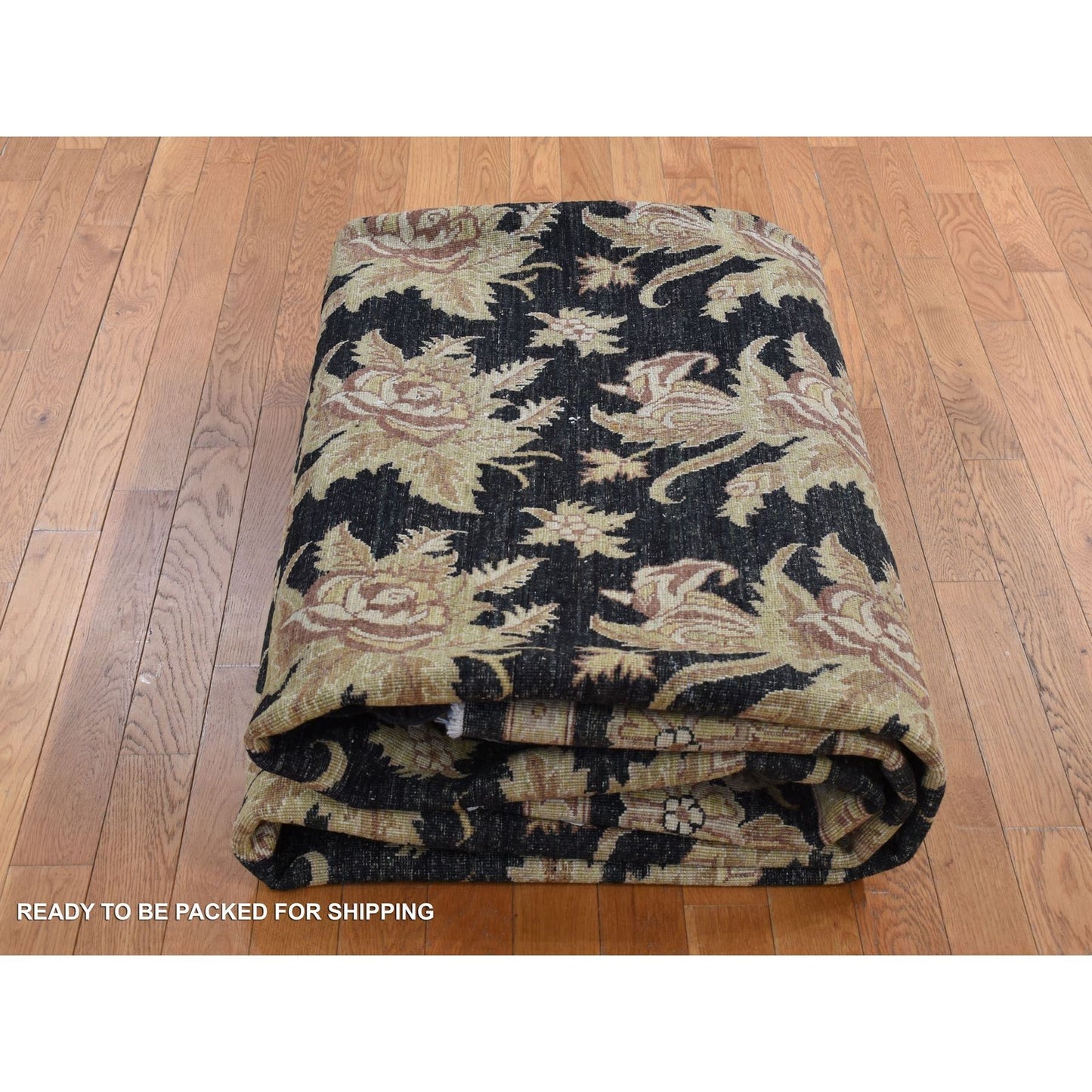 9'1"X12'4" Black Fine Peshawar Design Hand Knotted Pure Wool Rug