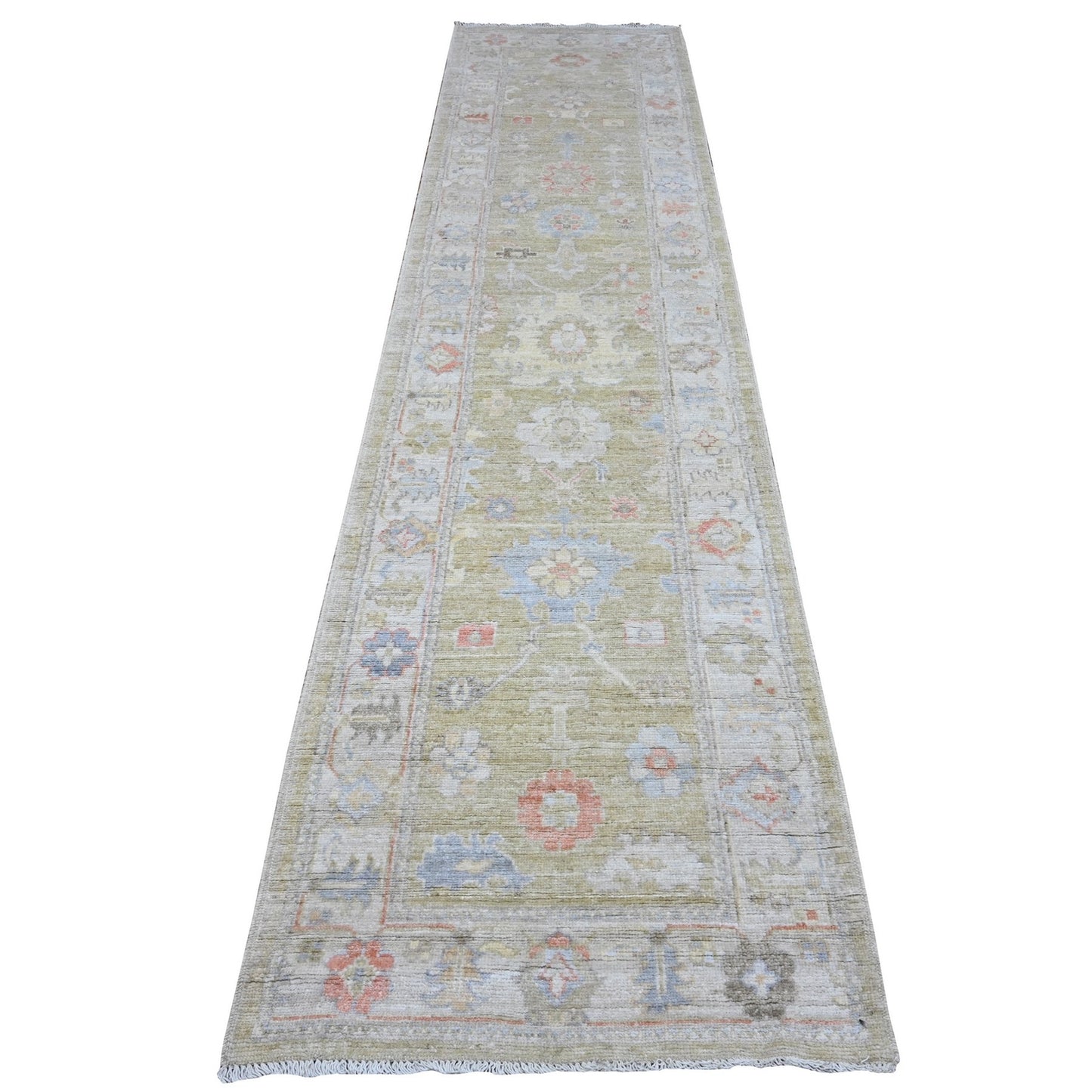 2'8"X11'6" Old Moss Green Rural Design Angora Oushak Oriental Runner Rug