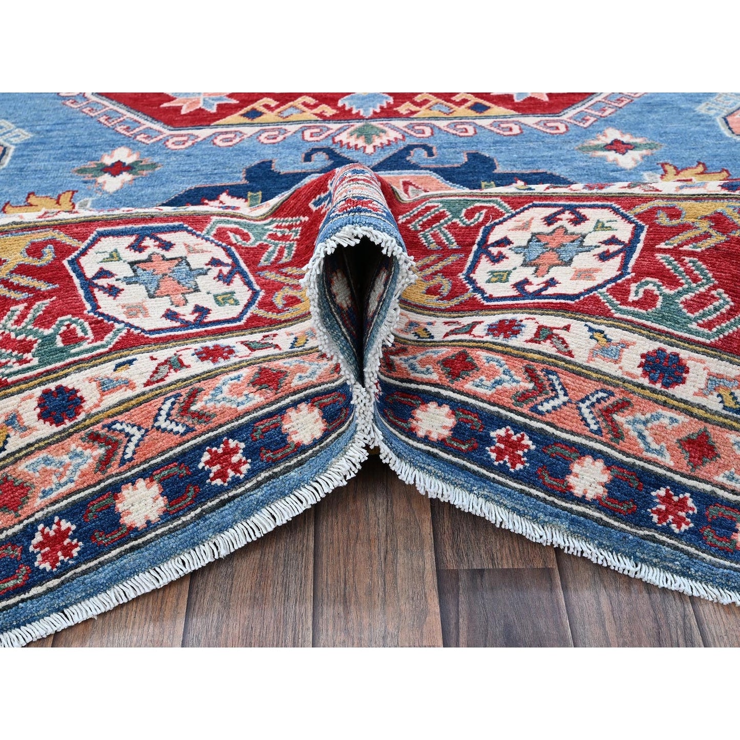 8'10"X11'8" Blue Kazak With Geometric Design Hand Knotted Soft Wool Rug