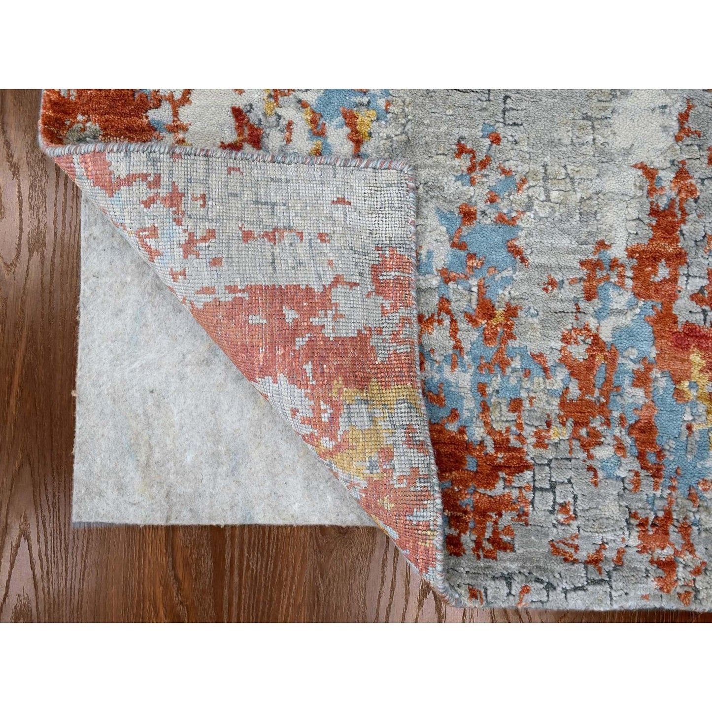 2'7"X5'10" Orange Abstract Design Wool And Silk Hand Knotted Runner Rug