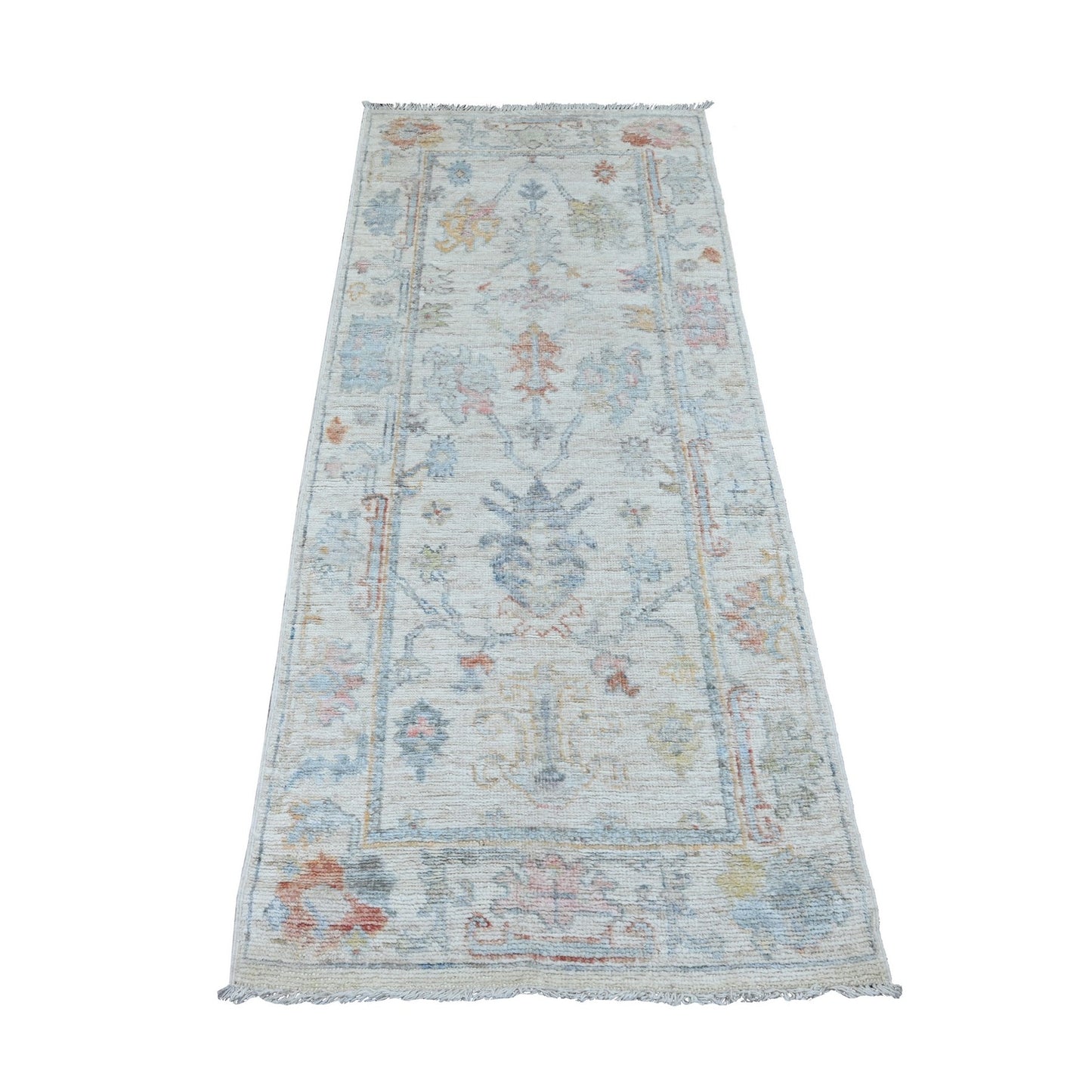 2'7"X6'2" White Angora Oushak Leaf Design Hand Knotted Wool Runner Rug