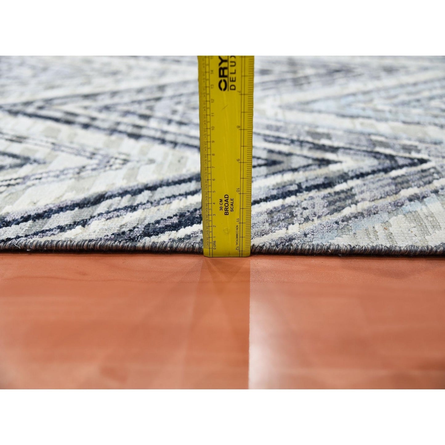 4'2"X12'4" Ivory Modern Textured Wool-Pure Silk Hand Knotted Runner Rug