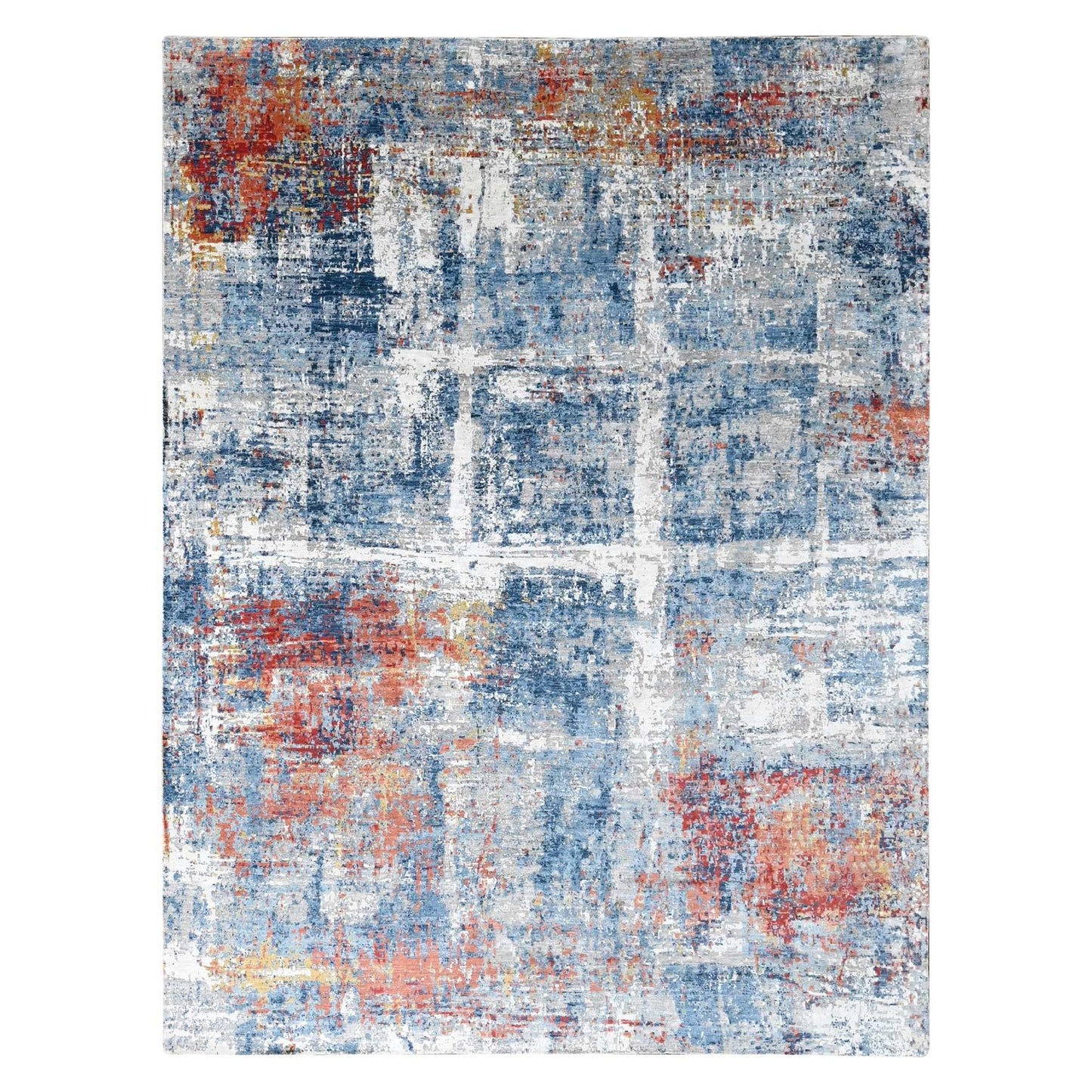 8'9"X11'7" Yale Blue Abstract Design Plant Based Silk Hand Knotted Rug