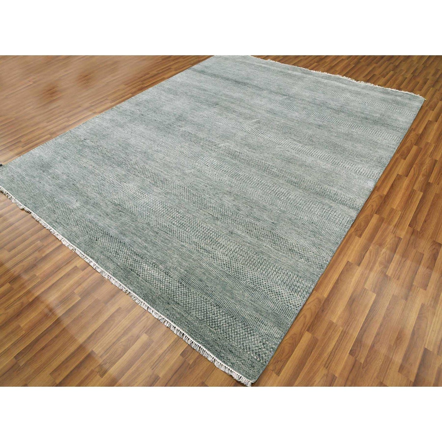 8'X10' Ash Gray Wool And Silk Hand Knotted Grass Design Oriental Rug