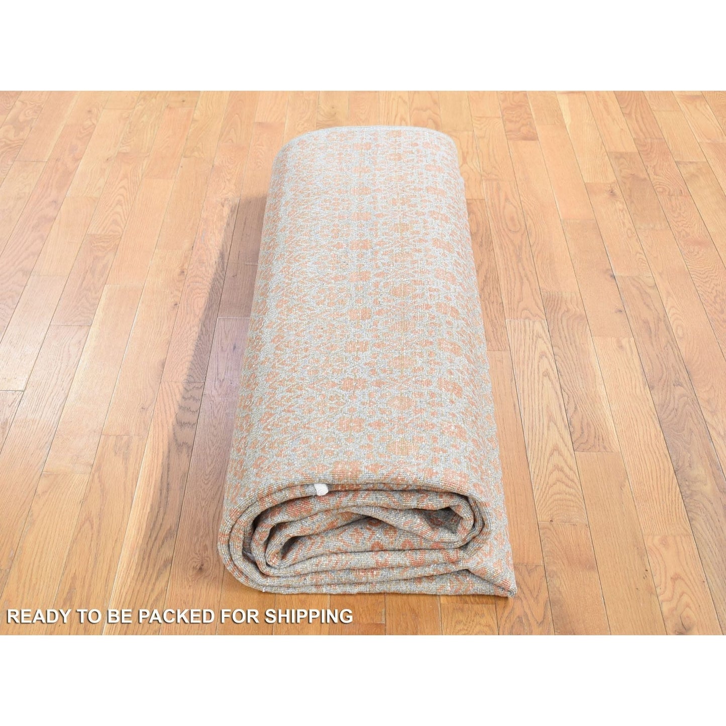 9'X12'2" Taupe, Repetitive Flower Design, Silken Wool Hand Knotted, Rug