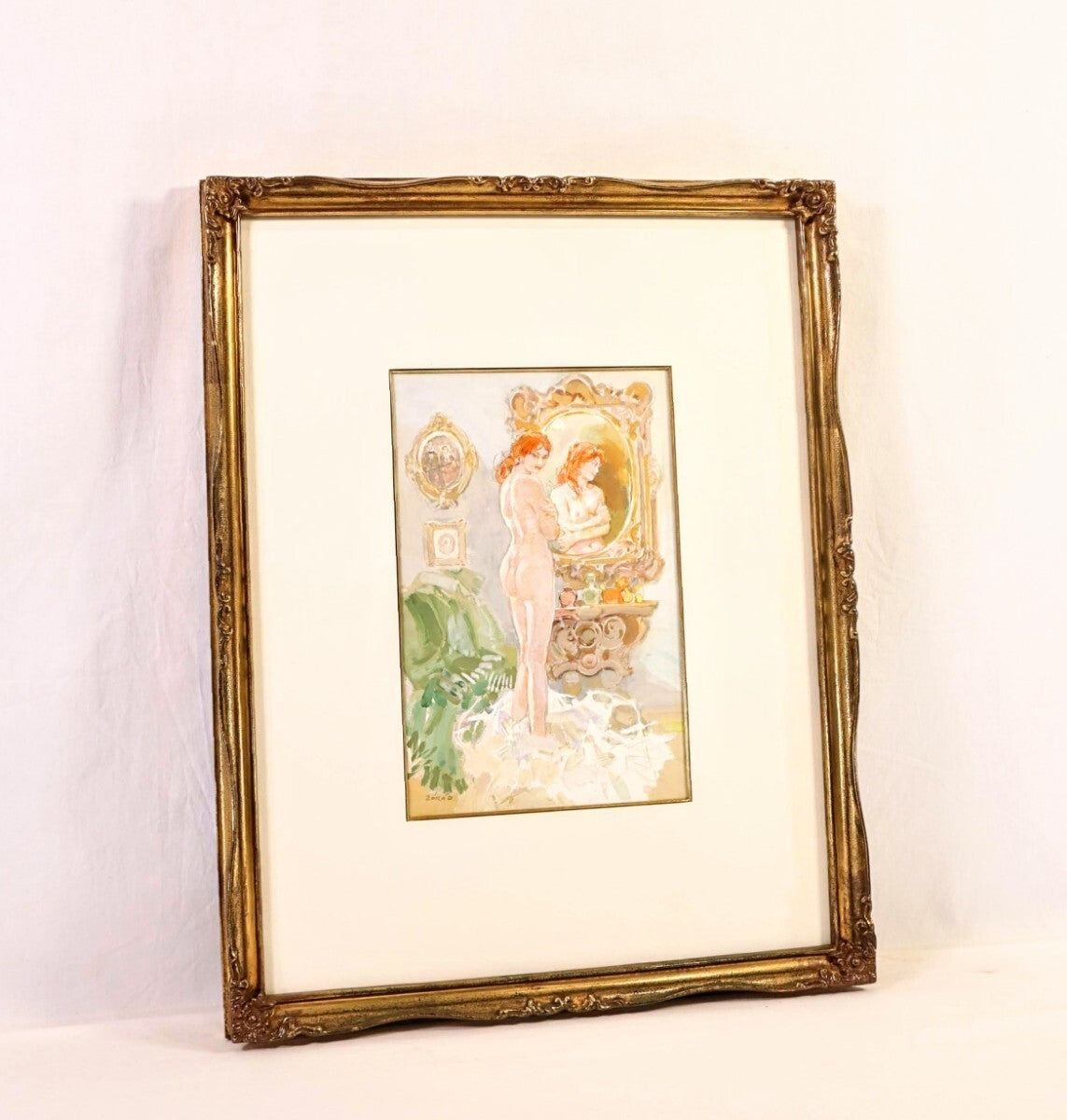 Erno Zorad "Mirror" Signed Watercolor Nude Painting - Rare Hungarian Artist