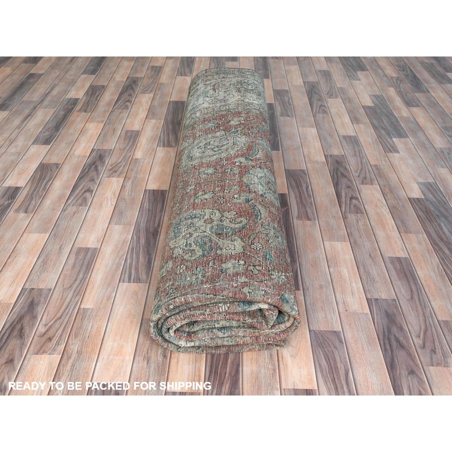 11'1"X14'7" Red Vintage Farsian Tebraz Worn Down Wool Hand Knotted Rug
