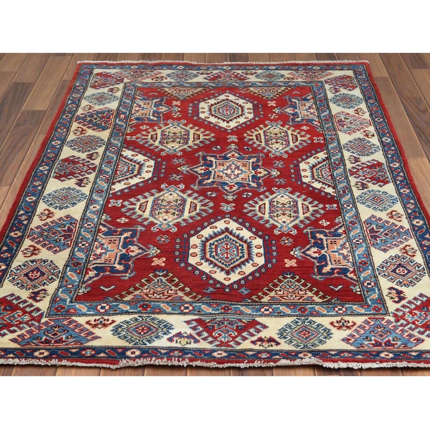 4'X5'9" Red Caucasian Design Special Kazak Hand Knotted Natural Wool Rug